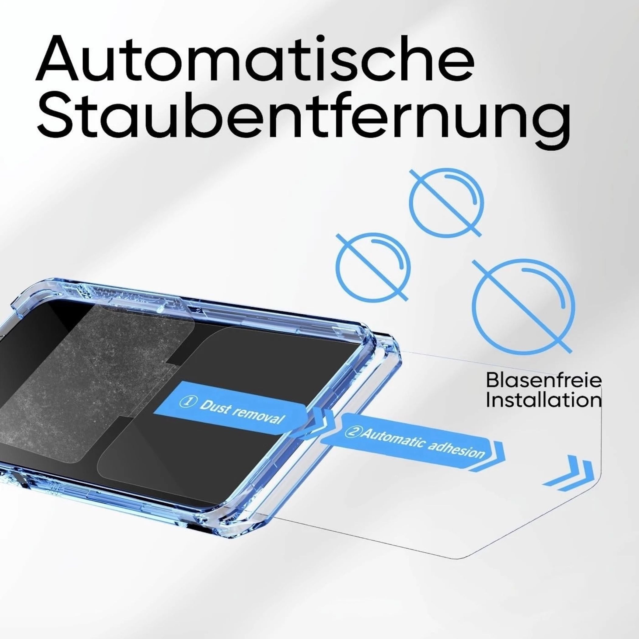 Das Bild zeigt einen Displayschutz mit Anweisungen: Staubentfernung, automatisches Aufkleben und blasenfreie Installation.