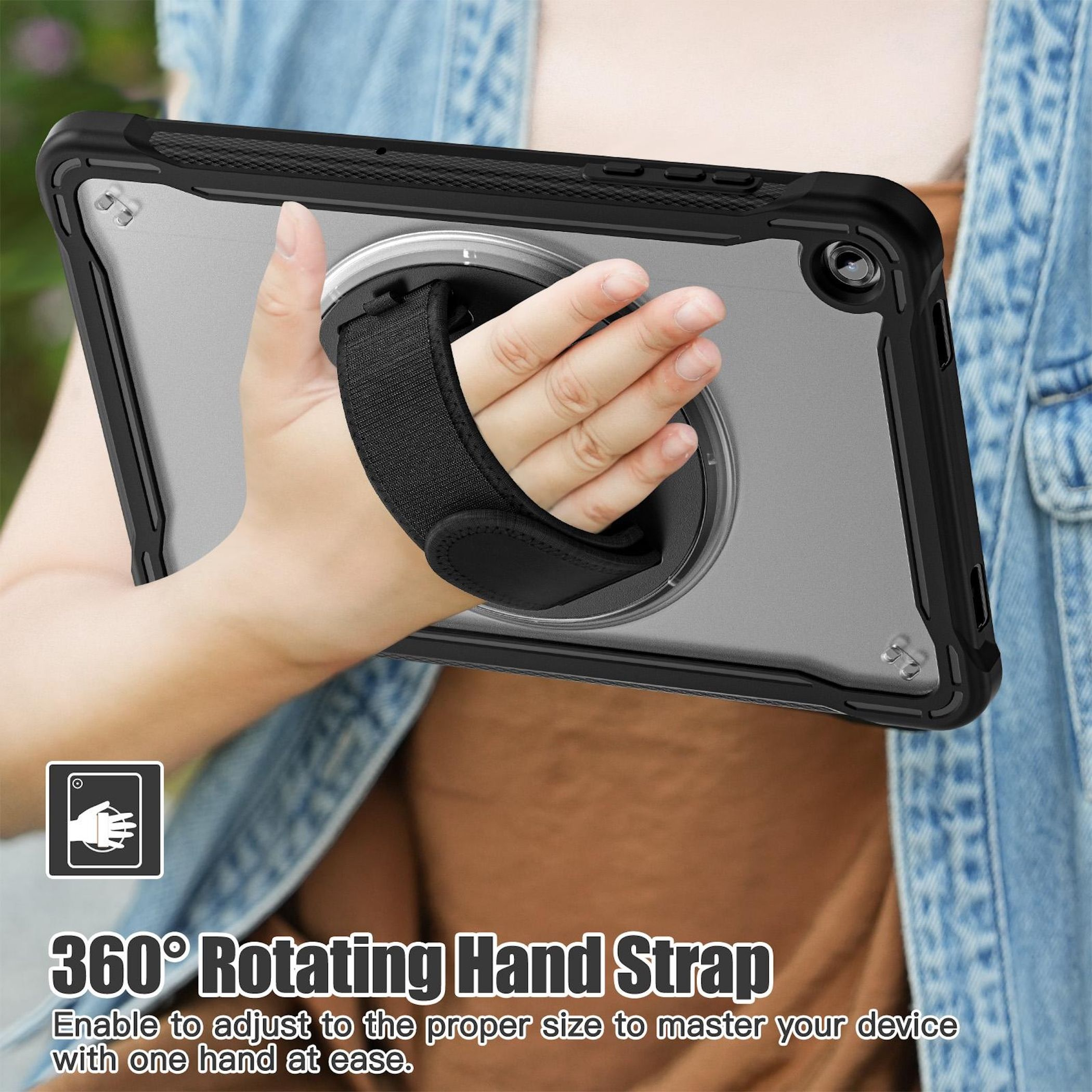 Una mano sostiene una funda para tableta con una correa giratoria. Texto: 360° Rotating Hand Strap.