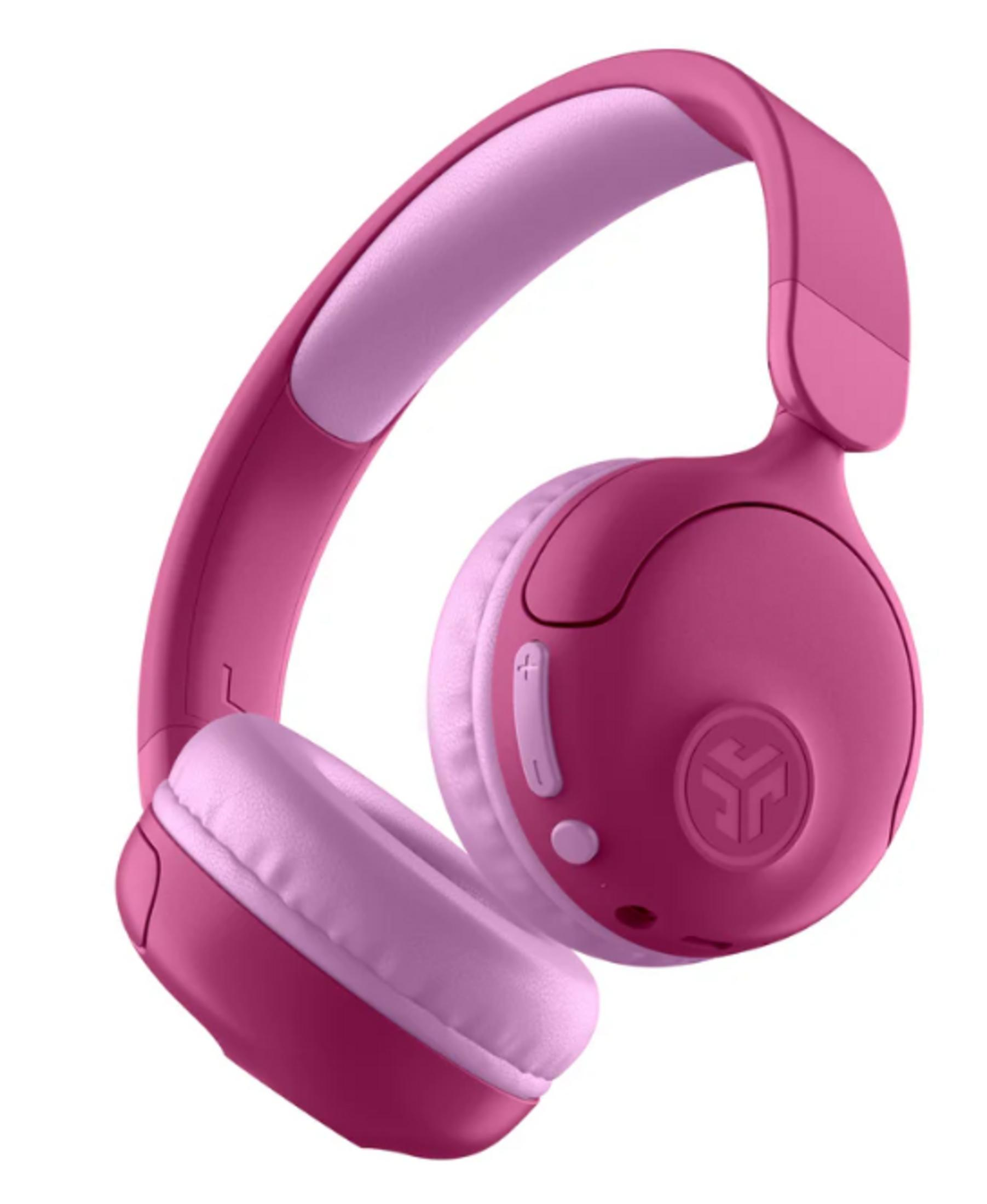 Casque rose avec rembourrage rose clair. Boutons de contrôle du volume visibles. Fond blanc.
