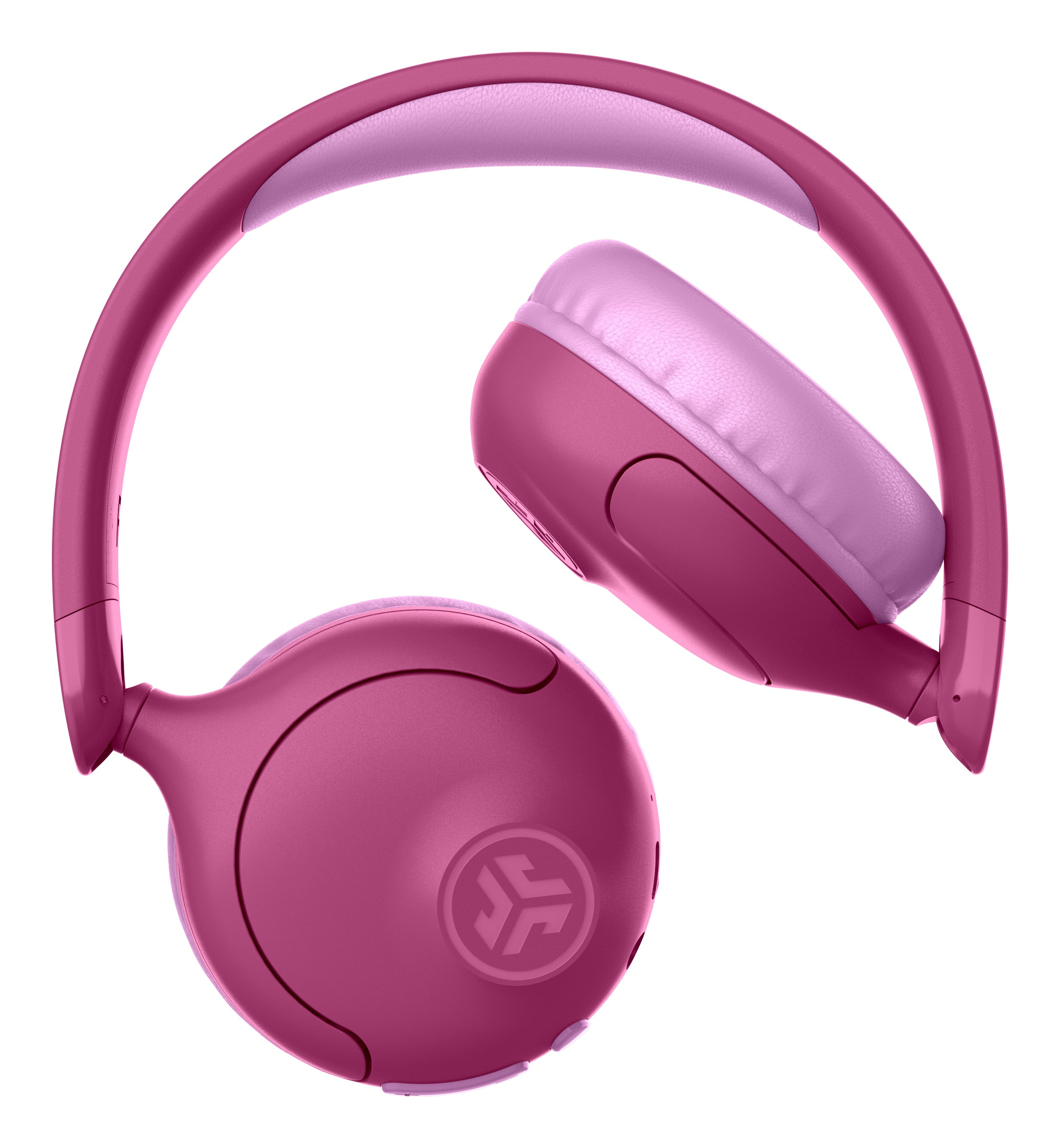 Casque rose sur fond blanc. Un écouteur est orienté vers l'extérieur. L'arceau est en arrière-plan.