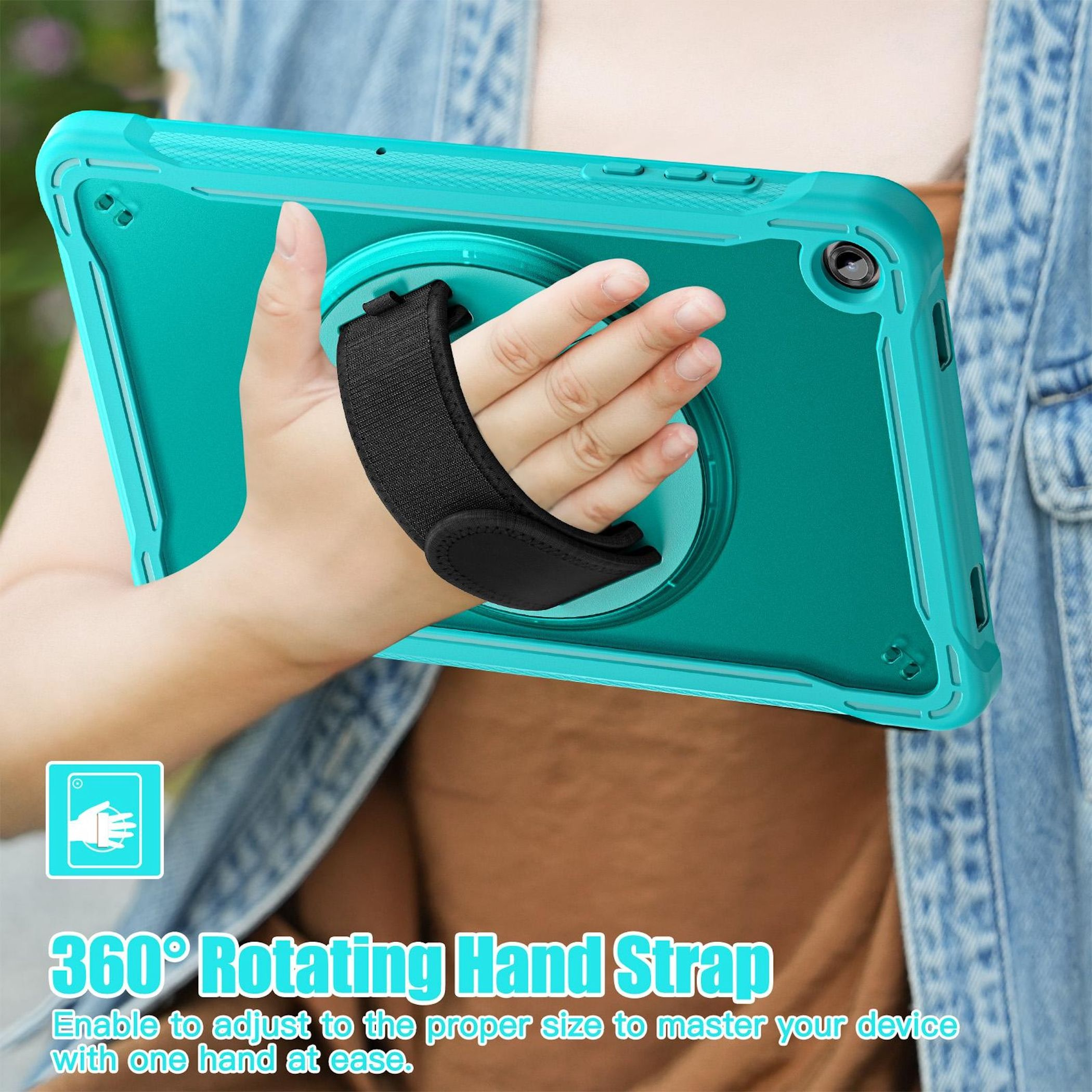 Eine Hand hält ein türkisfarbenes Tablet mit einem schwarzen Riemen. Text: 360° Rotating Hand Strap. Passen Sie die Größe an.