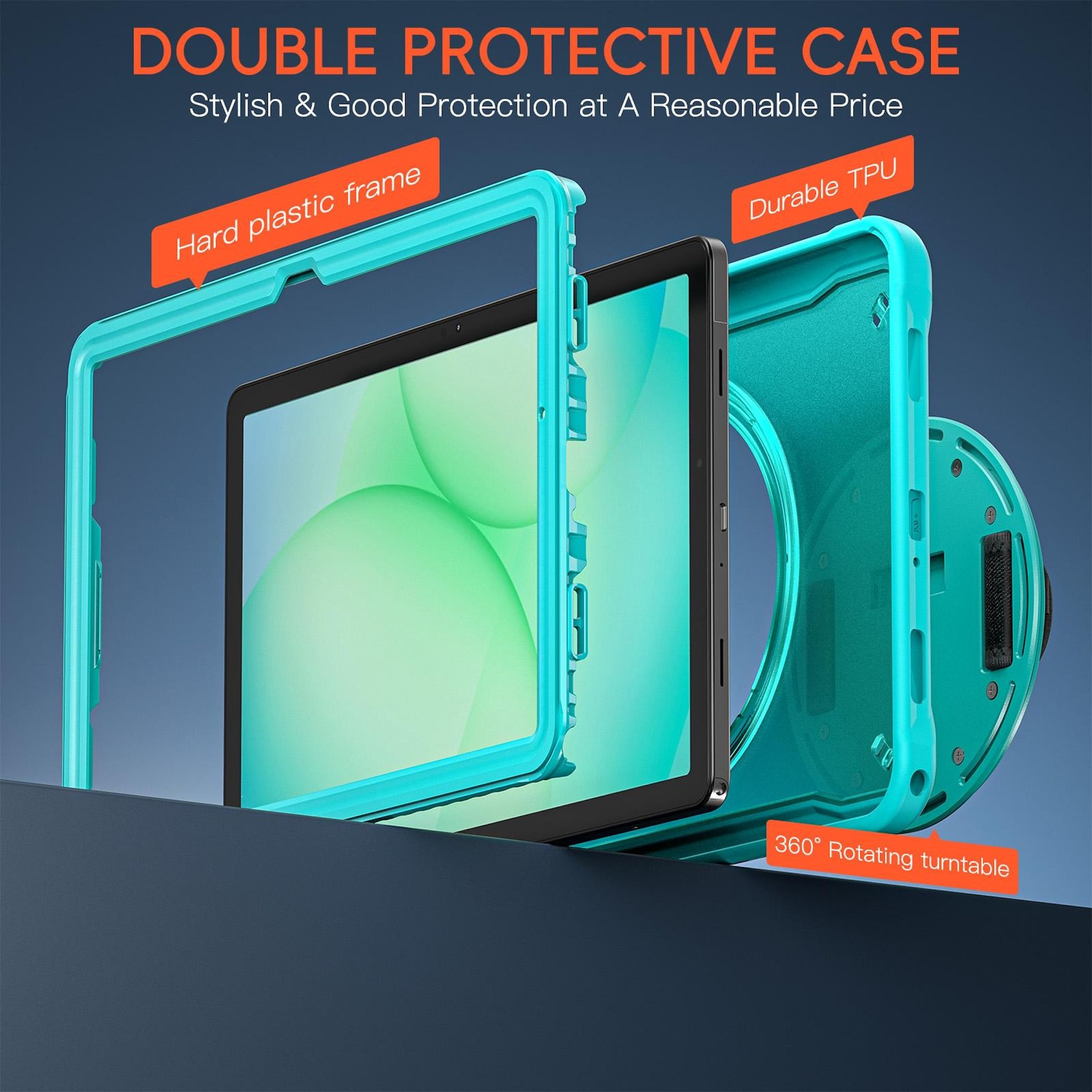 Eine Tablethülle mit tealfarbenem Rahmen und schwarzem Bildschirm. Textkennzeichnungen zeigen 'Hard plastic frame' und 'Durable TPU'.