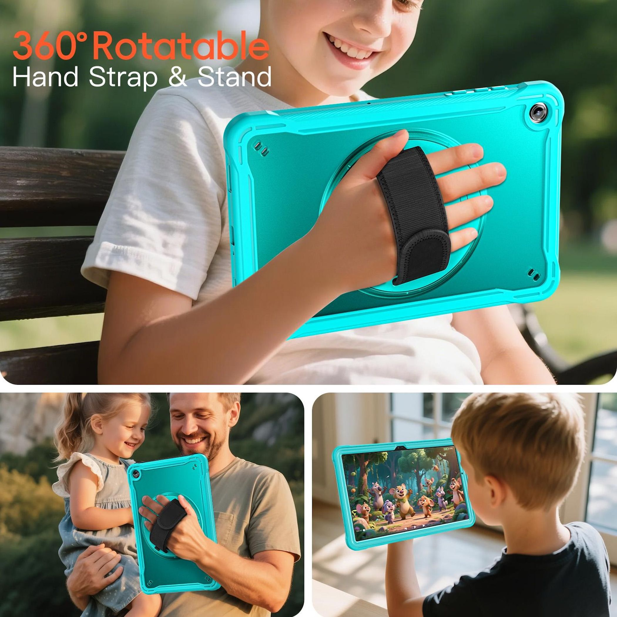 Ein Kind hält ein türkisfarbenes Tablet mit Handschlaufe. Weitere Bilder zeigen Vater und Kind mit dem Tablet.