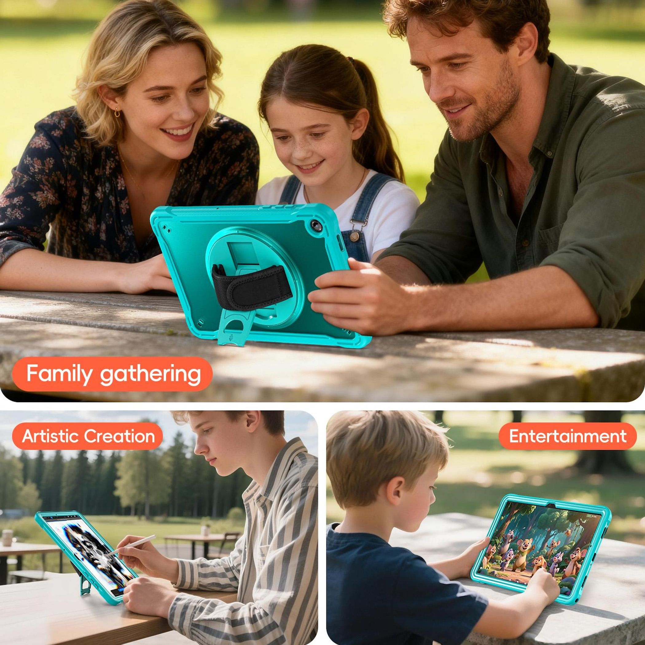 Familie benutzt ein Tablet. Eine Frau, ein Mädchen und ein Mann schauen auf das Tablet. Zwei weitere Bilder zeigen künstlerisches Schaffen und Unterhaltung.
