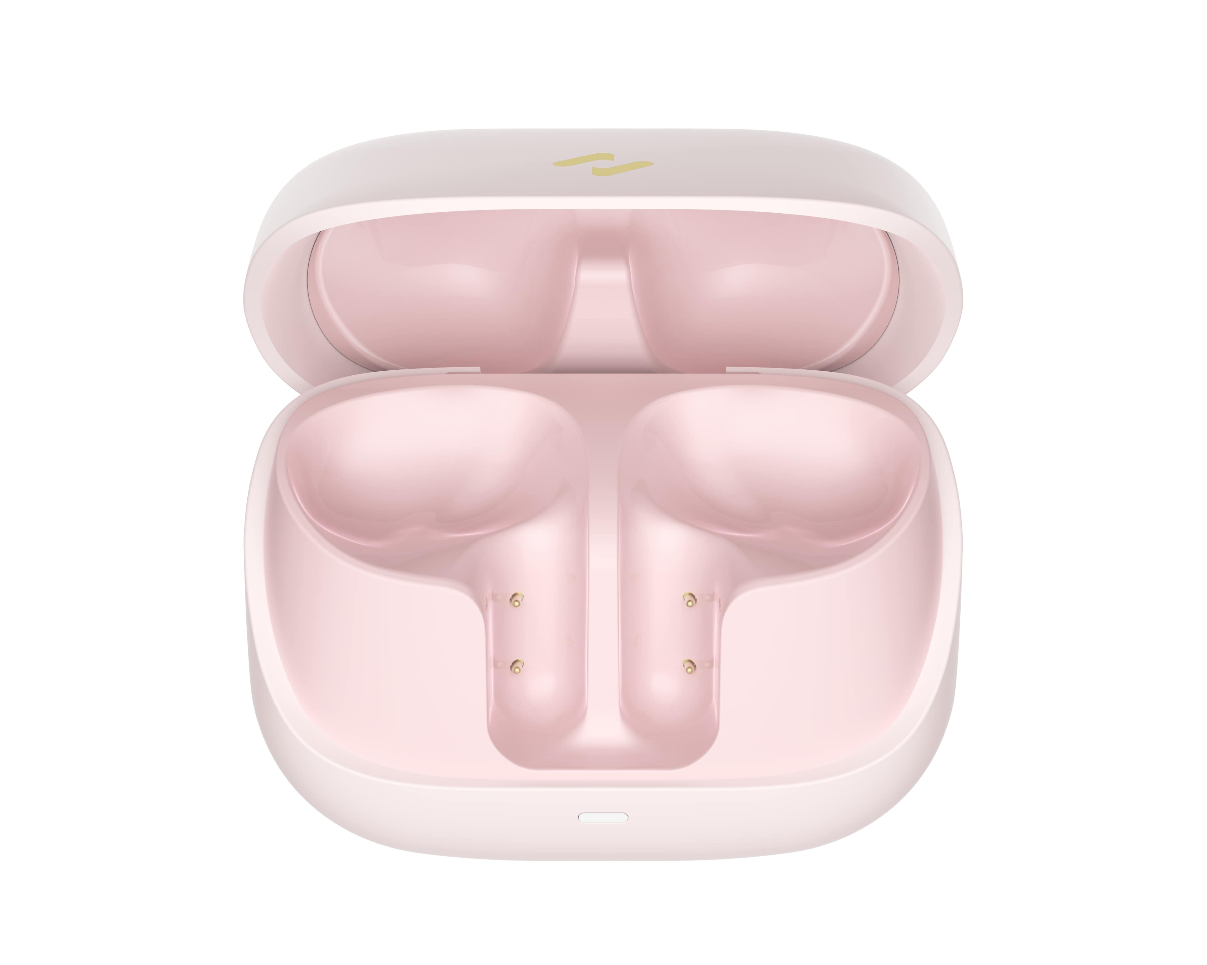 Różowe, otwarte etui na słuchawki. Dwa gniazda na słuchawki, ze złotym logo na pokrywie.