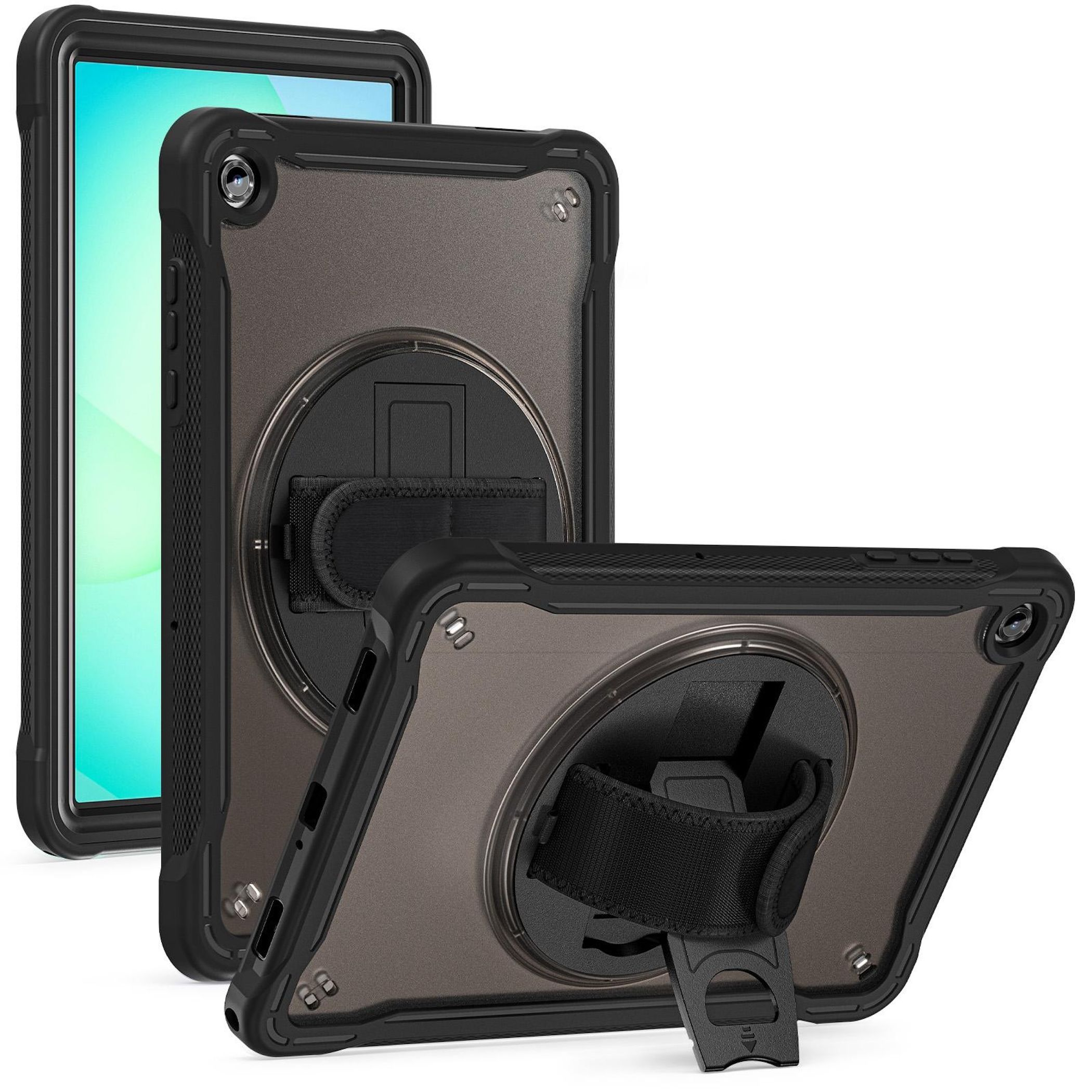 Drei Tablet-Hüllen, schwarze Rahmen und graue Rückseiten, eine mit sichtbarem Bildschirm. Eine hat eine Handschlaufe und einen Ständer.