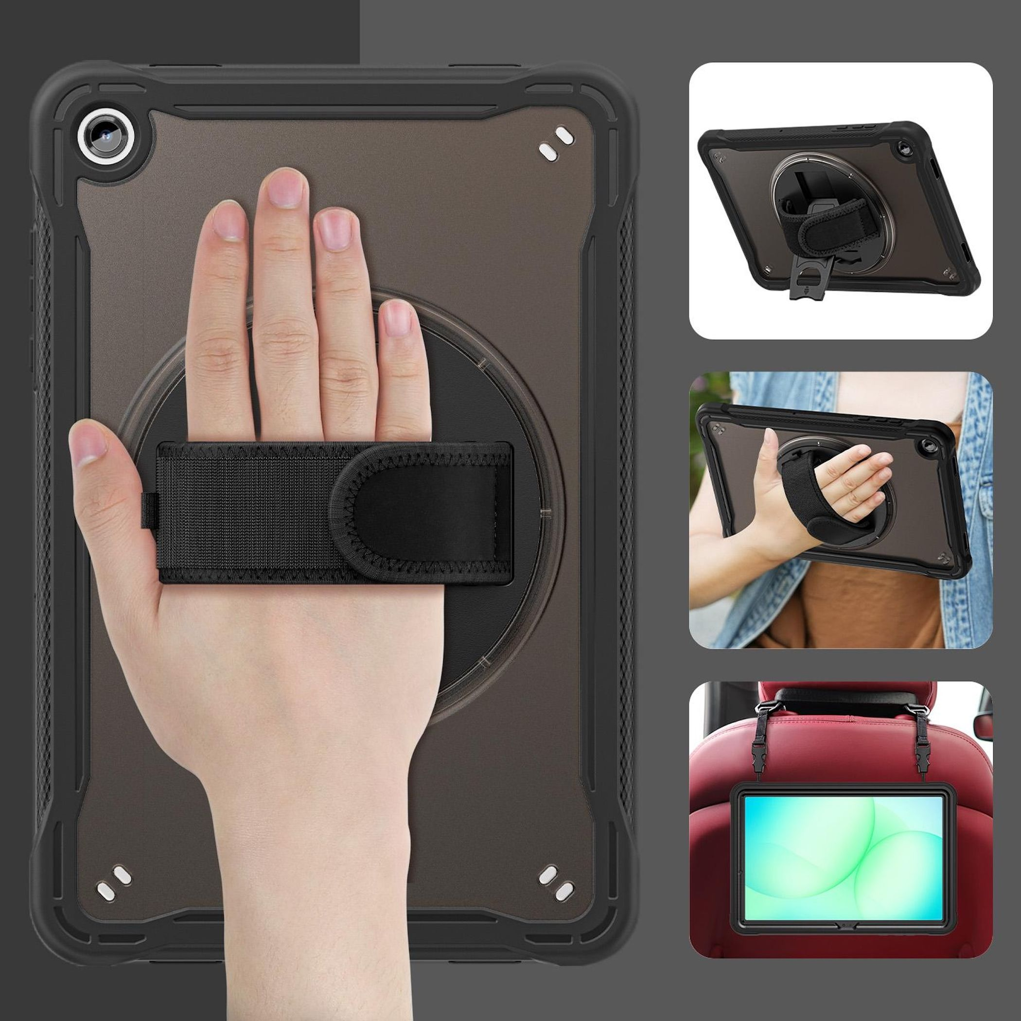 Eine Hand hält eine Tablet-Hülle mit einem Riemen. Zusätzliche Bilder zeigen die Hülle in verschiedenen Positionen und Anwendungsfällen.