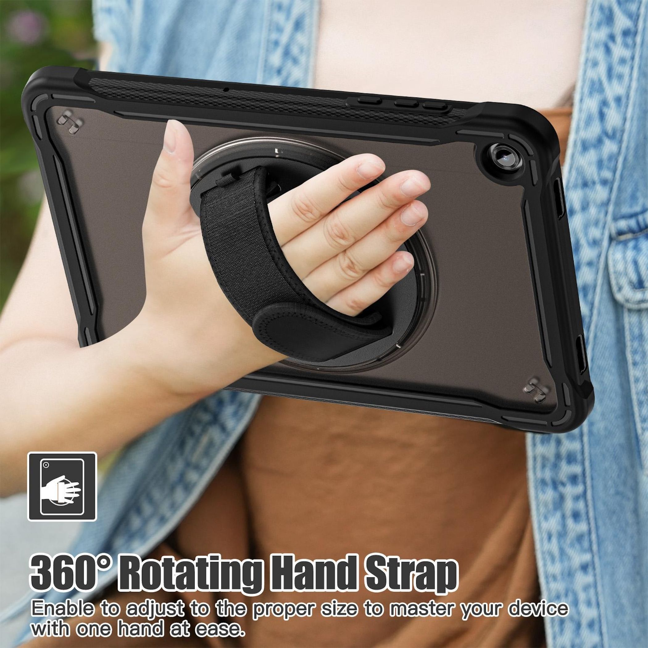 Eine Hand hält eine Tablet-Hülle mit einem schwarzen Riemen. Die Hülle ist schwarz mit einem Drehring. Text: '360° drehbarer Handriemen'.