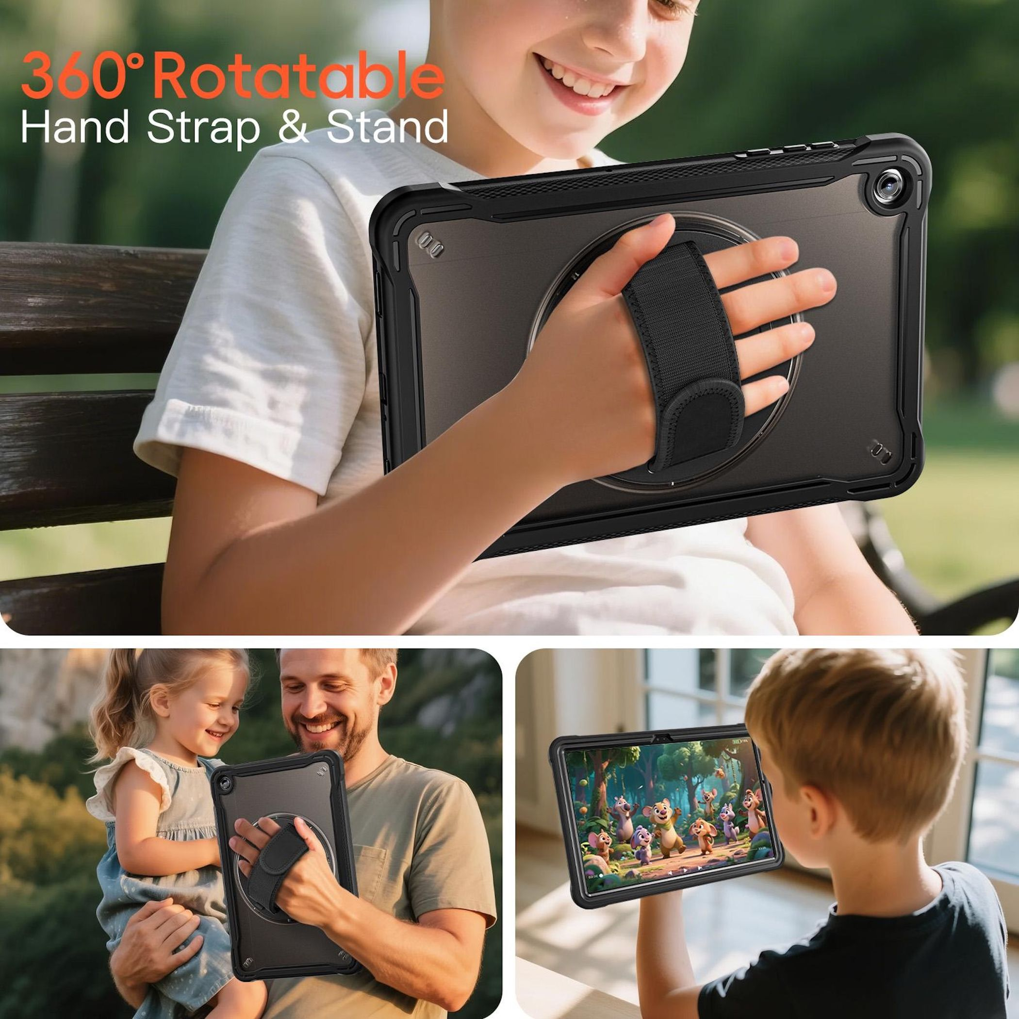 Ein Kind hält ein Tablet mit Handschlaufe. Das Tablet zeigt einen Cartoon. Andere Bilder zeigen die Familie mit dem Tablet.
