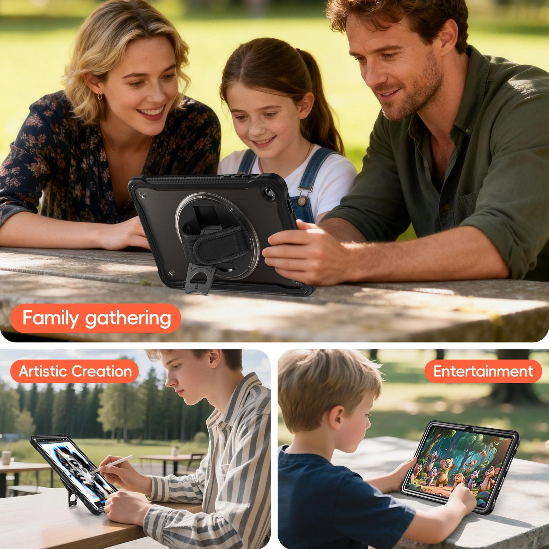 Eine Familie benutzt im Freien ein Tablet. Ein Junge erstellt Kunst mit einem Stift, und ein Kind schaut einen Cartoon.