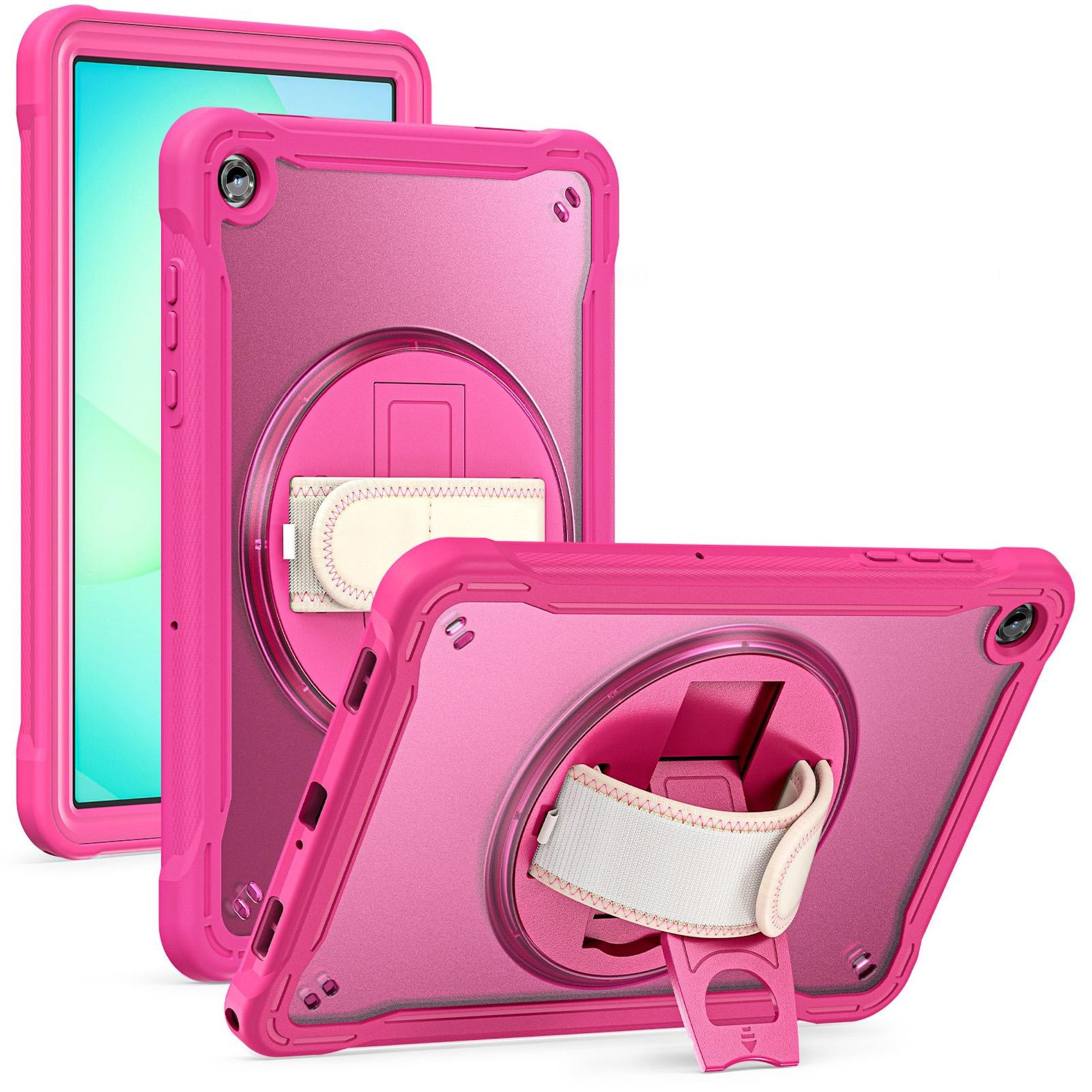 Rosa Tablet-Hülle mit eingebautem Ständer und Handschlaufe. Der Tablet-Bildschirm ist in einem Fall sichtbar.