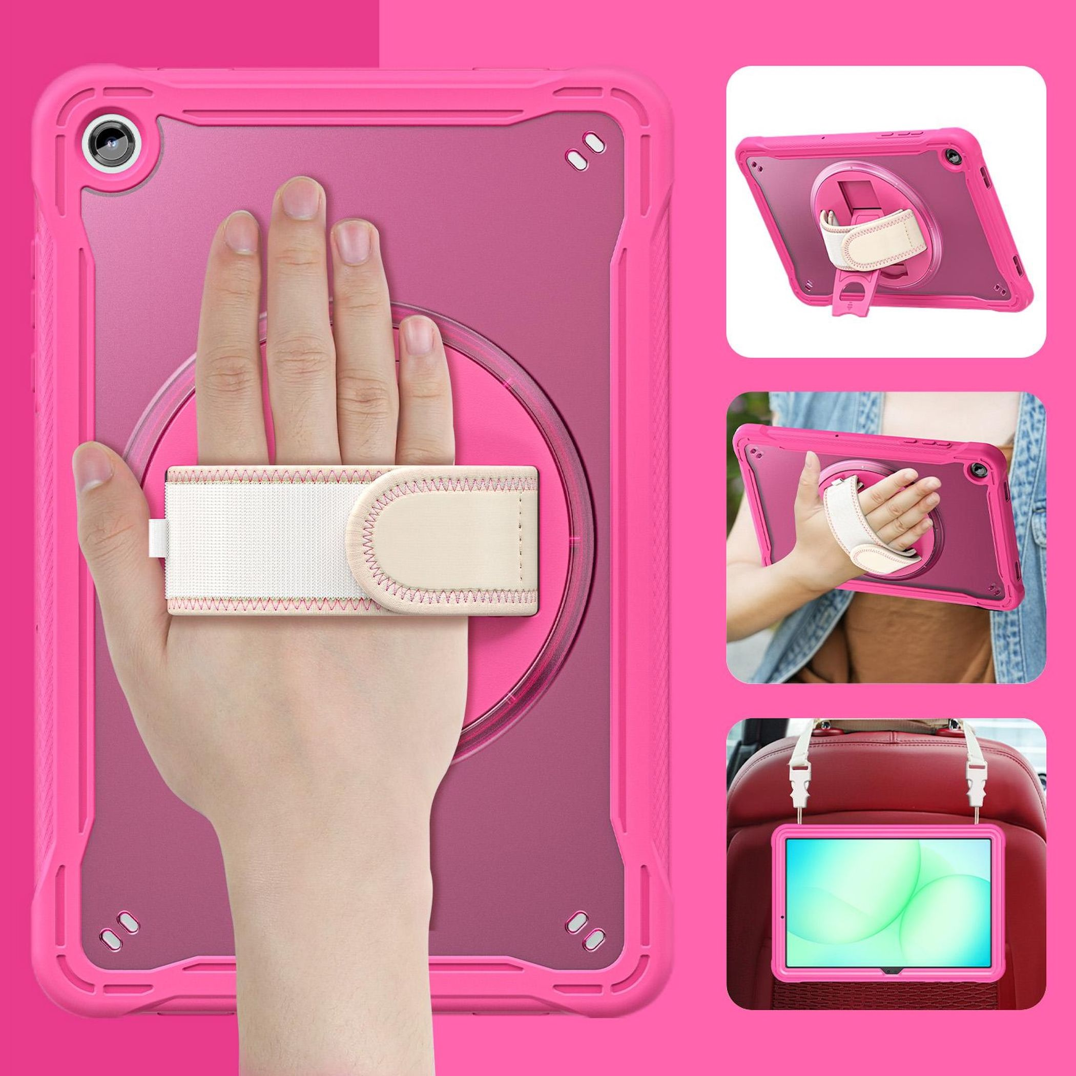 Rosa Tablet-Hülle mit Handschlaufe. Hand, die die Hülle hält. Andere Bilder zeigen Details und Anwendung.