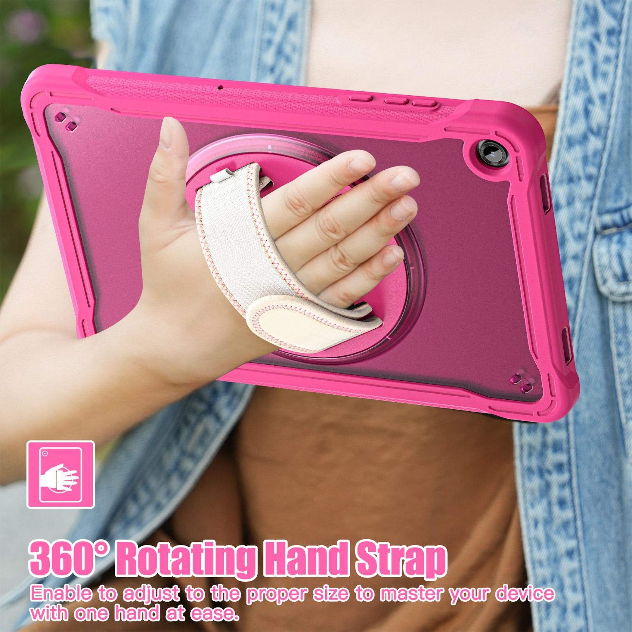 Eine pinke Tablet-Hülle mit Handschlaufe wird gehalten. Die Hand einer Person ist sichtbar. Text: '360° Rotating Hand Strap'.