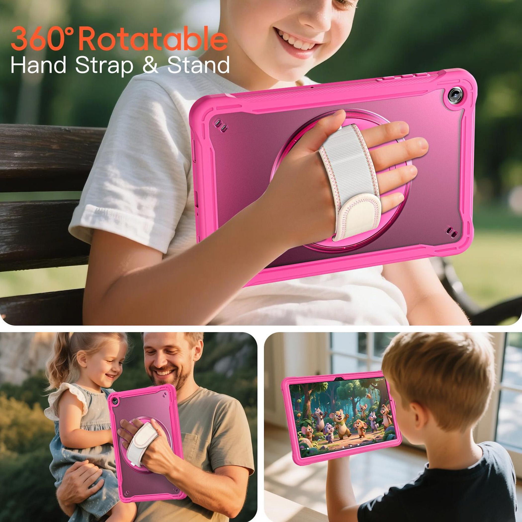Ein Kind hält ein pinkfarbenes Tablet mit Handschlaufe. Andere Bilder zeigen die Tablet-Nutzung.