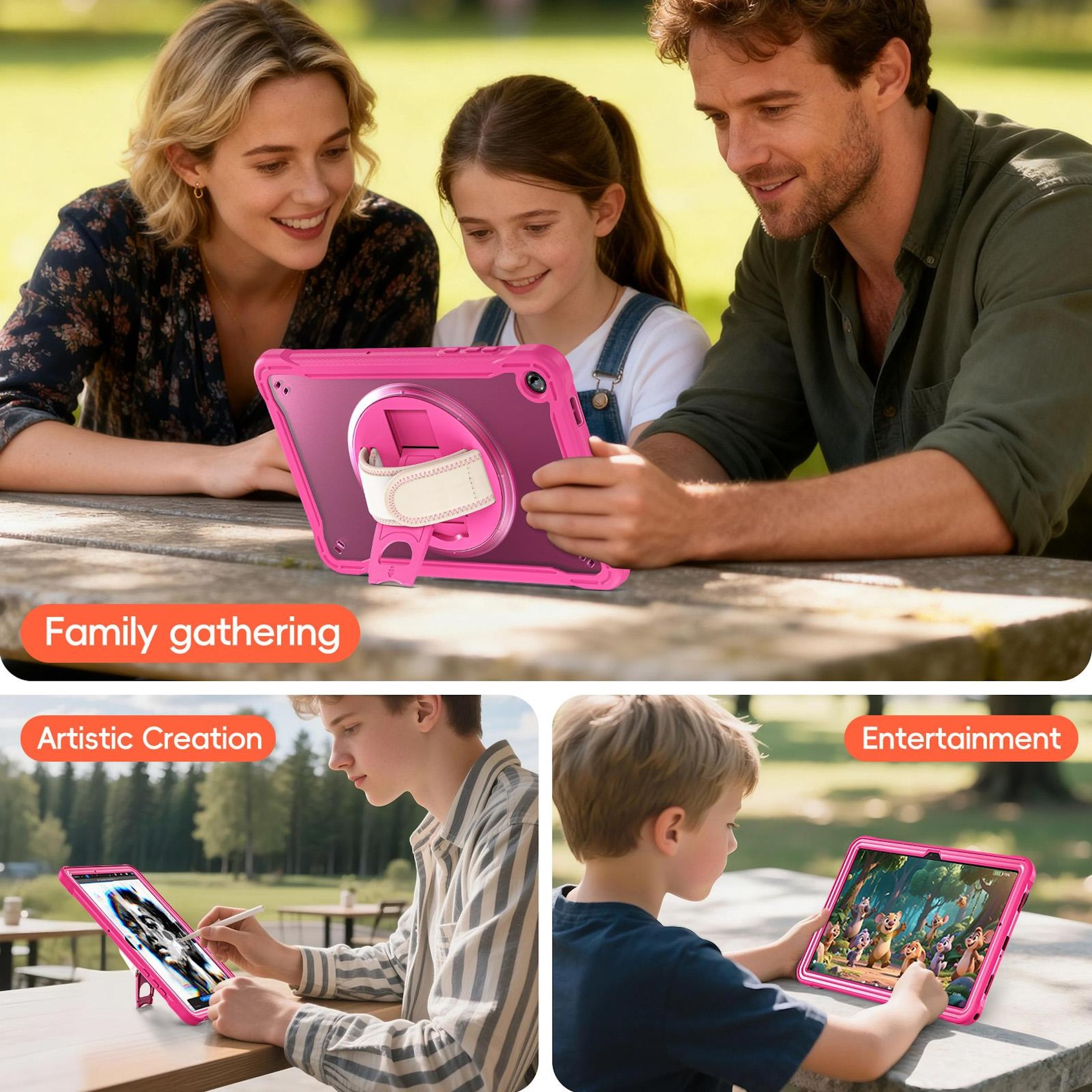 Familie benutzt ein pinkfarbenes Tablet. Eine Frau, ein Mädchen und ein Mann schauen darauf. Zwei weitere Bilder zeigen Jungen und Männer mit Tablets.