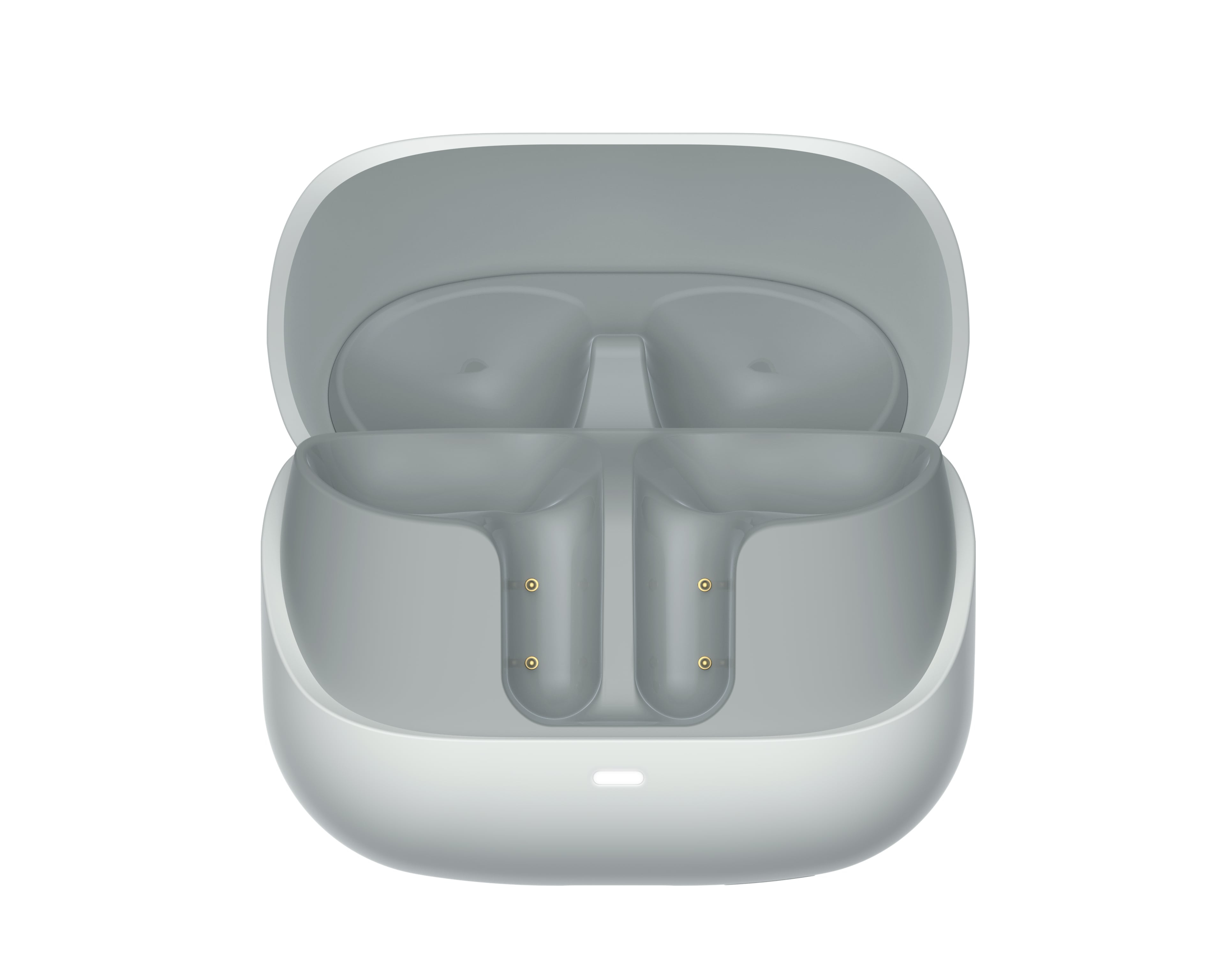 Otwarty, jasnoszary futerał ładujący słuchawki. Wnętrze z dwiema przegrodami, punktami ładowania. Pokrywa otwarta.