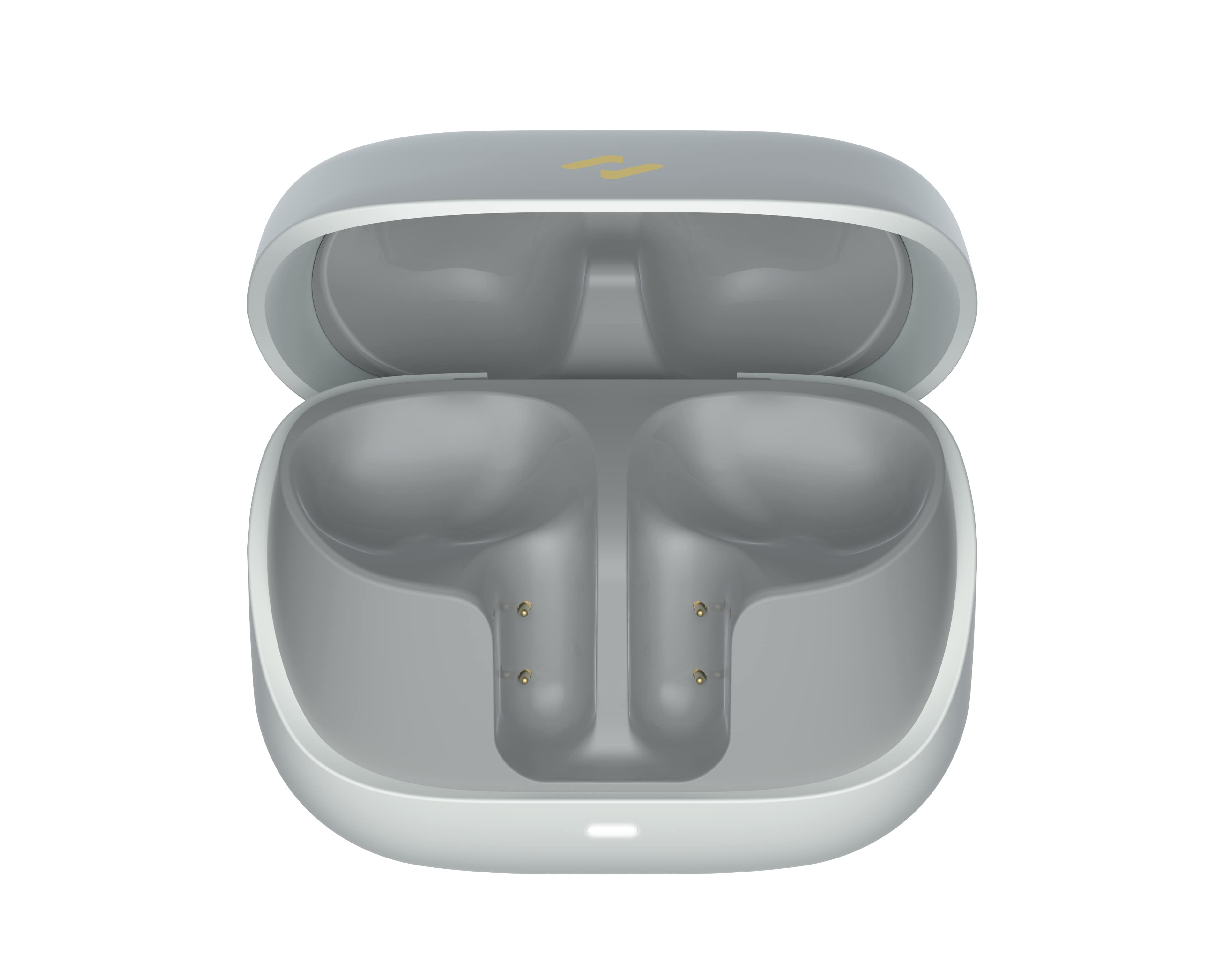 Otwarta szara obudowa słuchawek z żółtym logo. Wnętrze szare z portami ładowania. Białe tło.