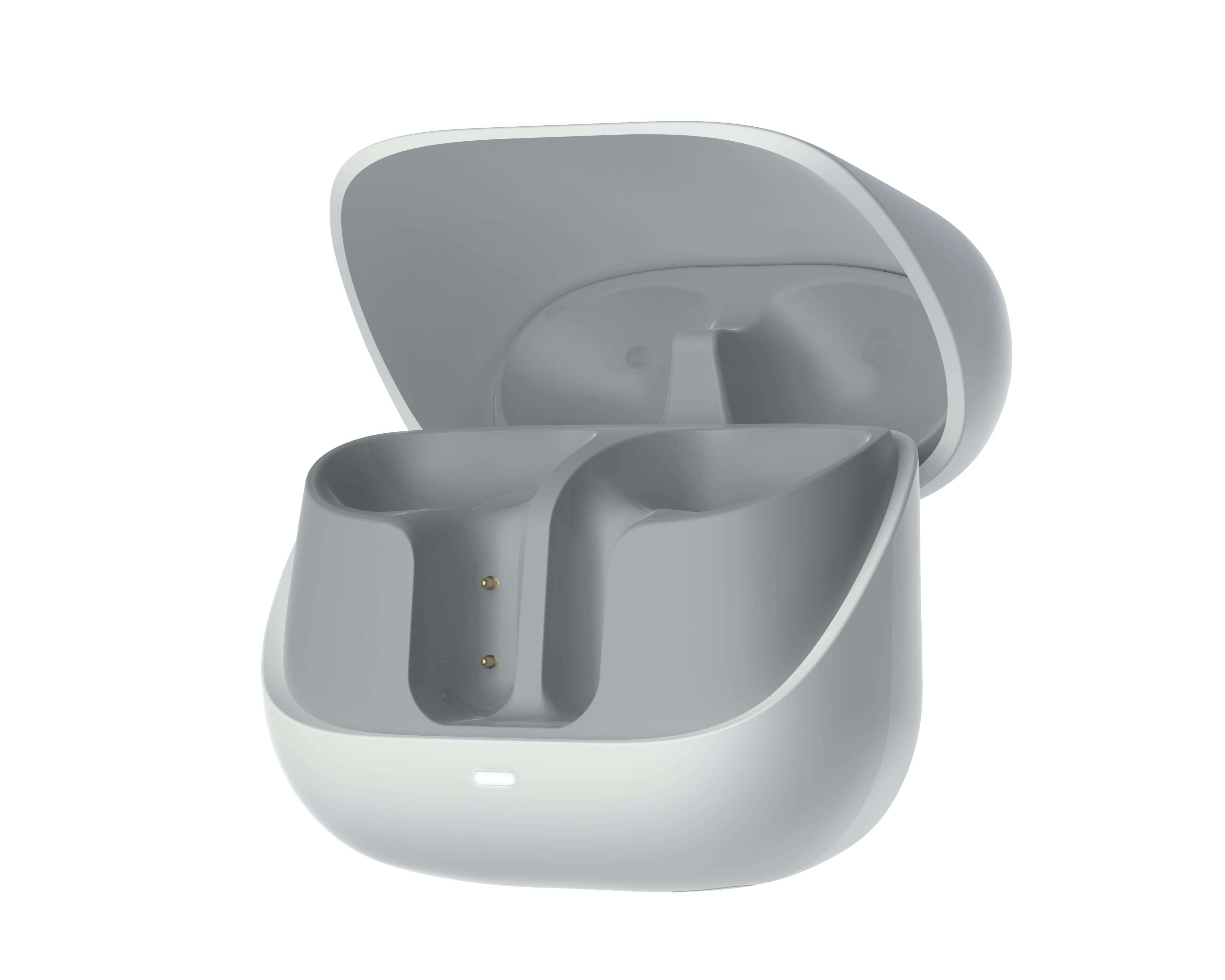 Szare i białe etui na słuchawki jest otwarte. Etui ma dwie przegródki i pokrywę. Tło jest białe.