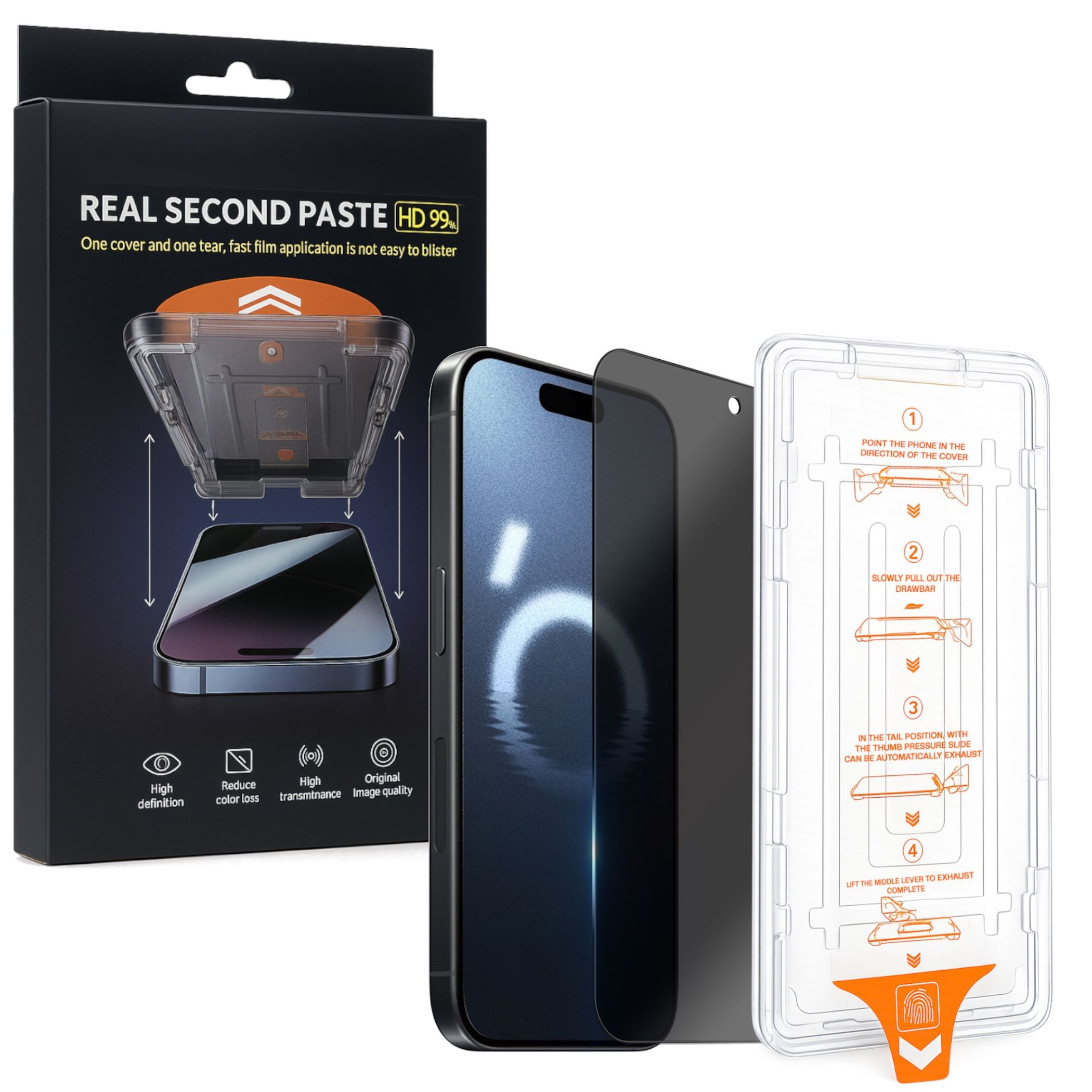 Produktaufnahme: Displayschutzfolien-Kit für Telefone. Enthält Telefon, Schutz und Anweisungen. Box mit Produktdetails.