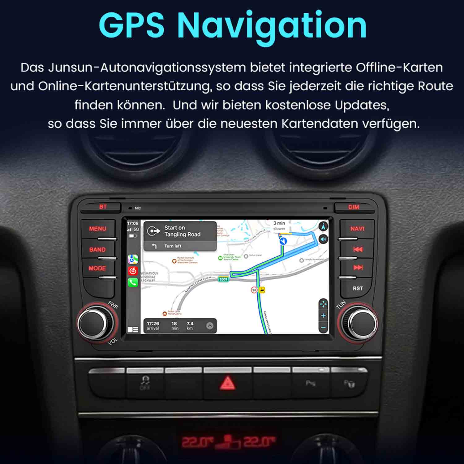 Deska rozdzielcza z nawigacją GPS. Przyciski menu, pasmo, tryb, zasilanie, głośność.