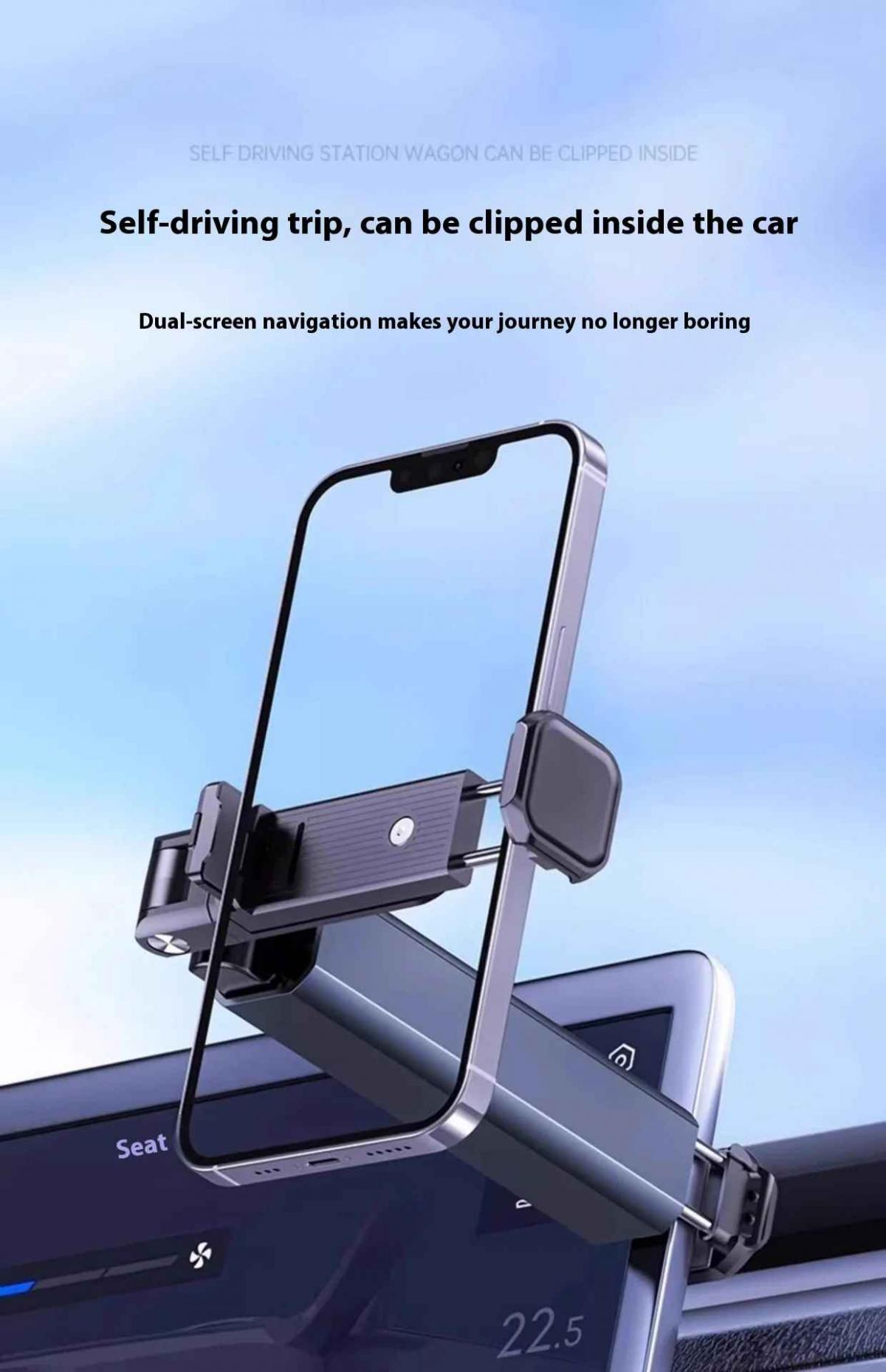 Ein Telefon ist an der Armatur eines Autos befestigt. Der Bildschirm zeigt eine Digitalanzeige. Der Hintergrund ist blau.