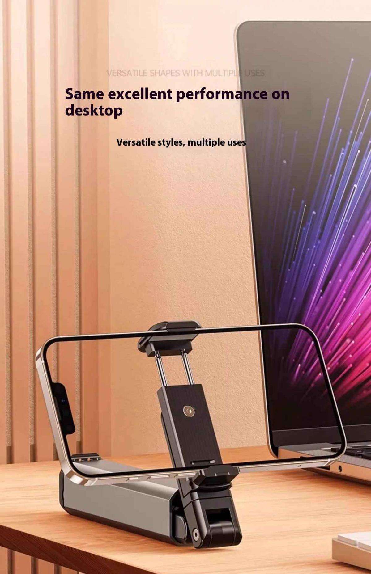 Ein Telefonhalter auf einem Schreibtisch mit einem Laptop im Hintergrund. Text: 'Gleiche hervorragende Leistung auf dem Desktop'.