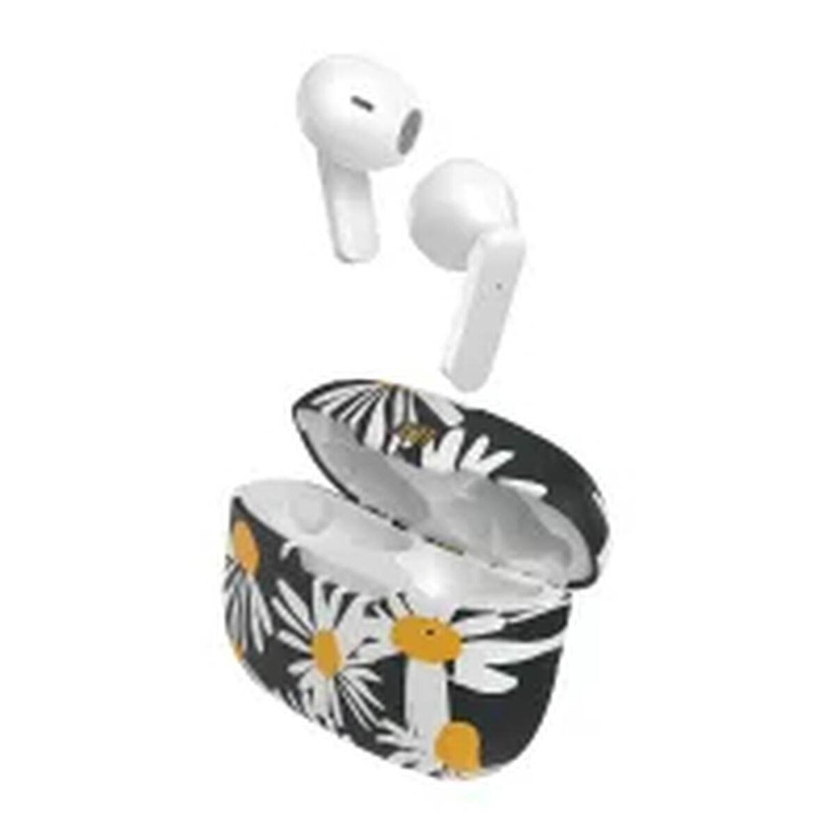 Auricolari wireless bianchi con custodia a motivo di margherite. La custodia è nera con margherite bianche e gialle.
