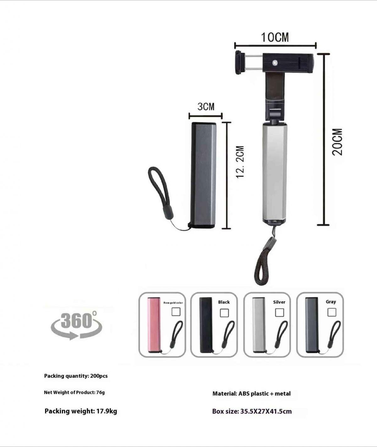 Diagramm eines Telefonhalters mit Abmessungen, Farboptionen und Produktspezifikationen. Enthält Roségold-, Schwarz-, Silber- und Grauoptionen.