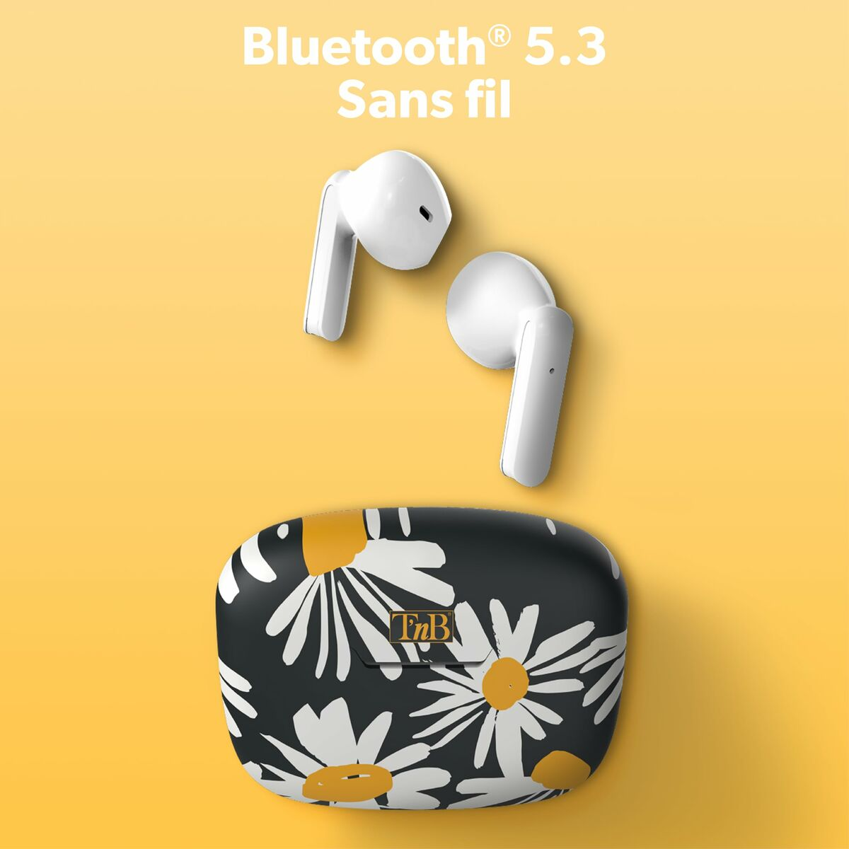 Auricolari bianchi con custodia nera e bianca a motivo margherita, su sfondo giallo. Testo: Bluetooth 5.3 Sans fil.