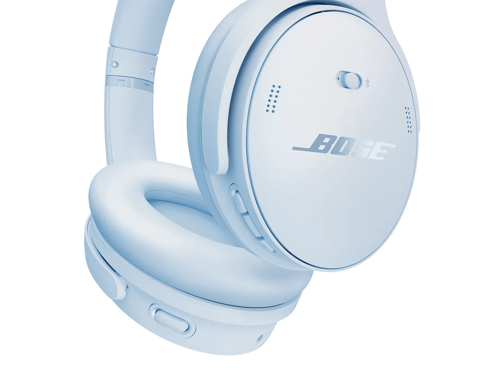 Cuffie Bose azzurro chiaro su sfondo bianco. Le cuffie hanno un logo sul padiglione auricolare.