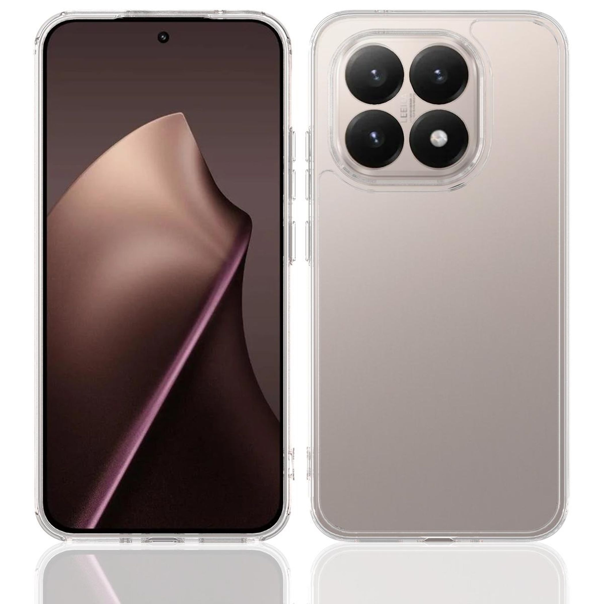 Un teléfono en una funda transparente. La pantalla del teléfono muestra un diseño marrón y beige.