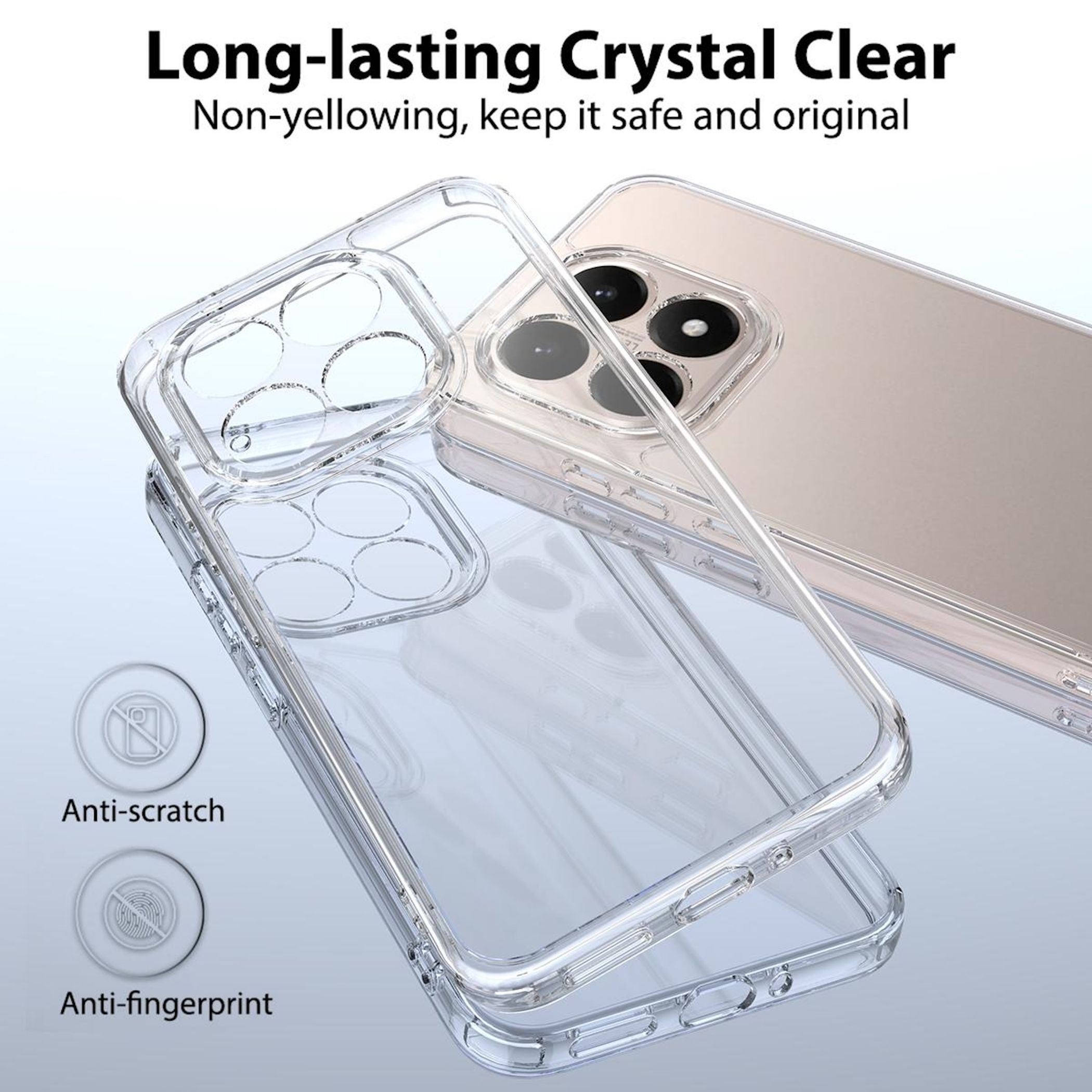 Funda transparente para teléfono. Texto: Cristal claro duradero, antiarañazos, antihuellas.