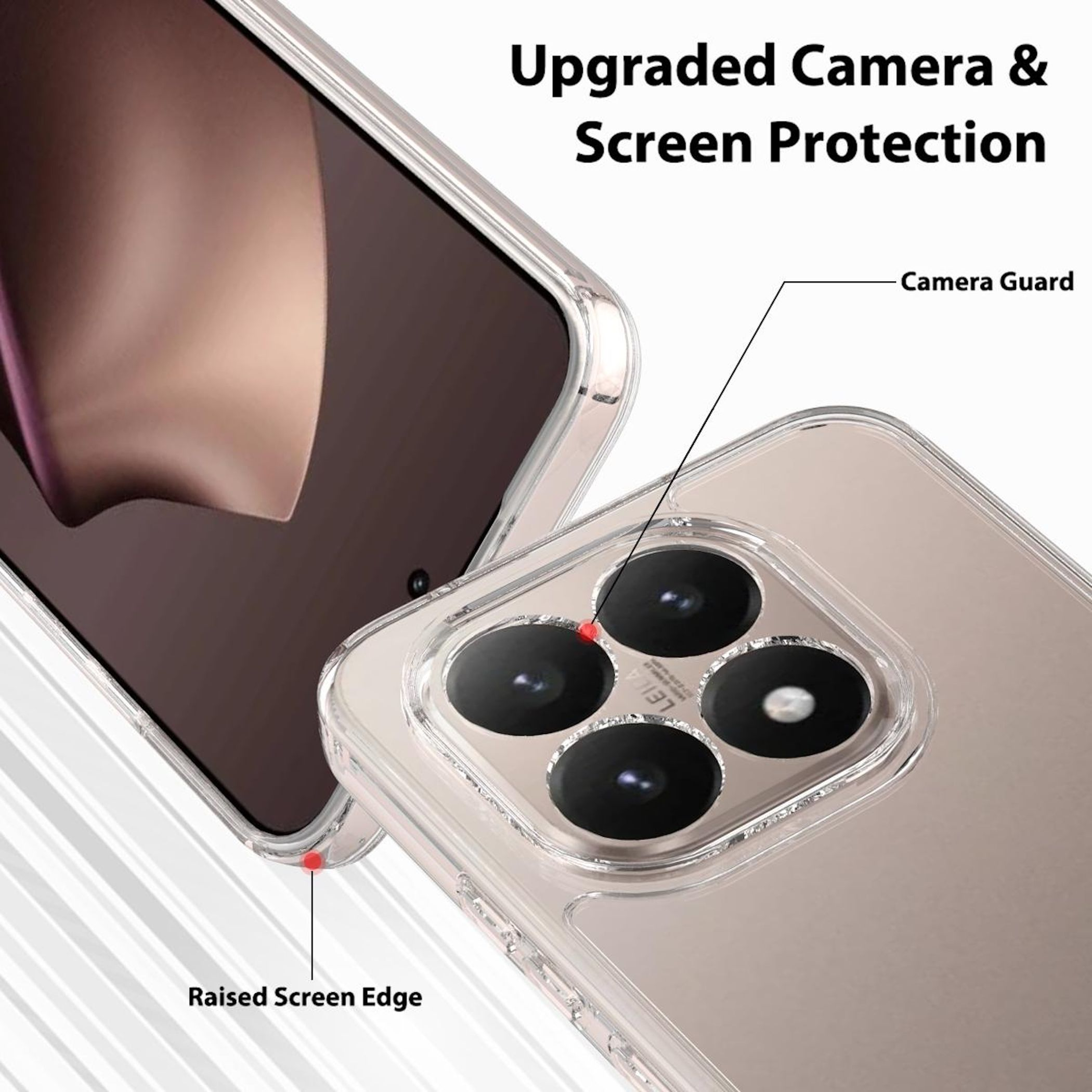 Funda transparente con protección de cámara y pantalla. El texto dice: 'Protección de cámara y pantalla mejorada'.