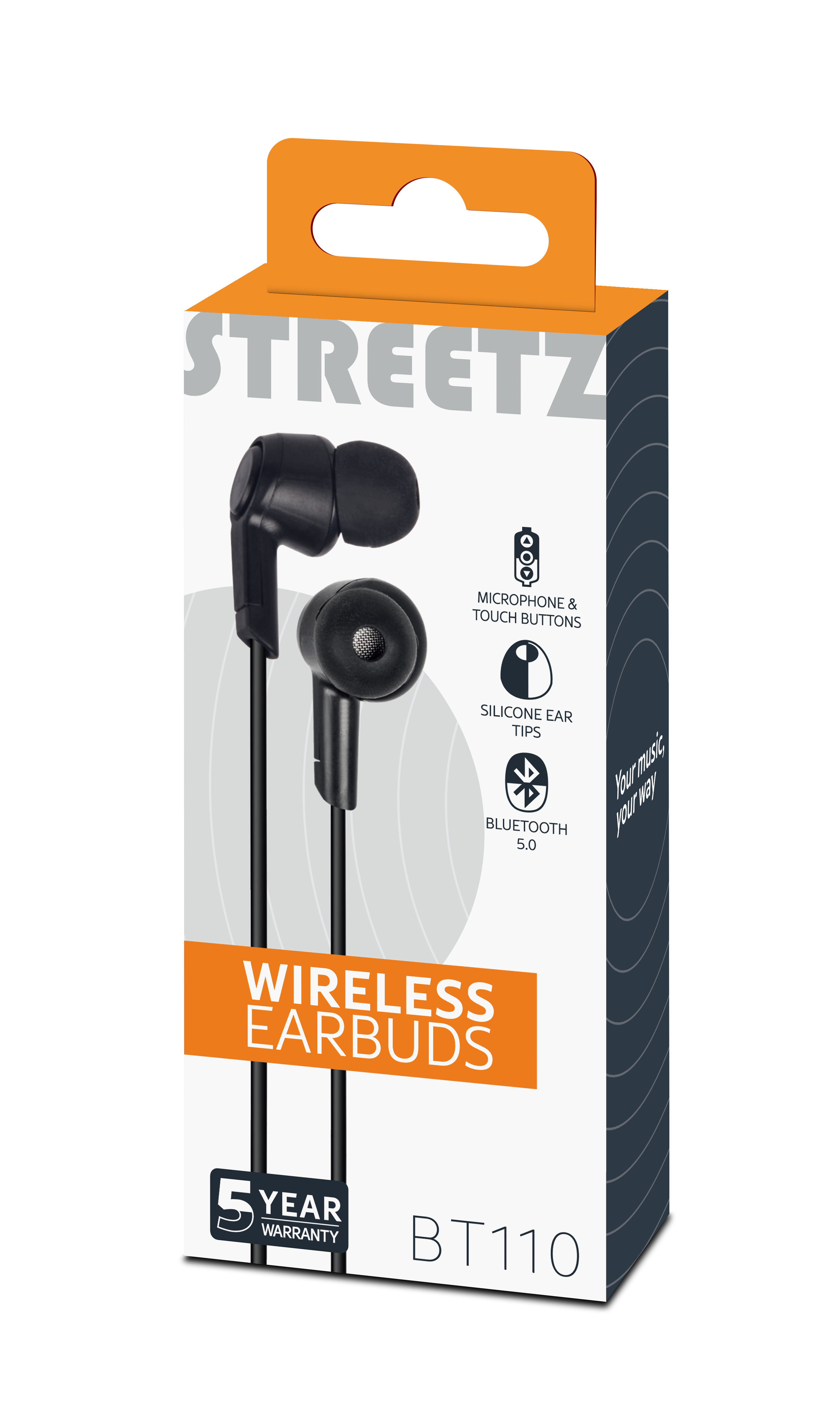 Una scatola di auricolari wireless Streetz. La scatola è arancione, nera e bianca. Gli auricolari sono neri. I dettagli mostrano le funzionalità.