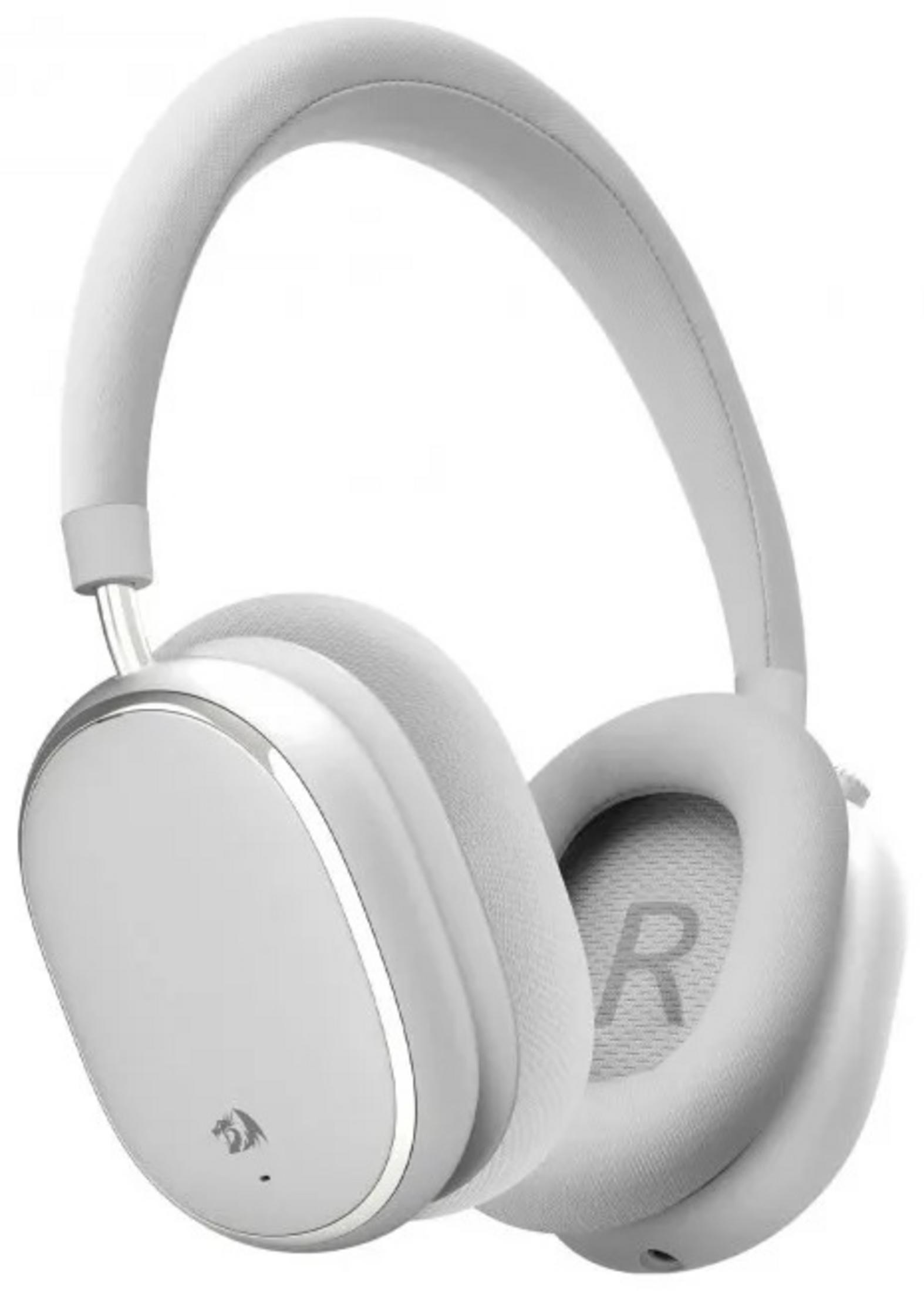 Weiße Over-Ear-Kopfhörer. Ohrmuscheln haben silberne Zierleisten und den Buchstaben 'R'. Das Kopfband ist gepolstert.