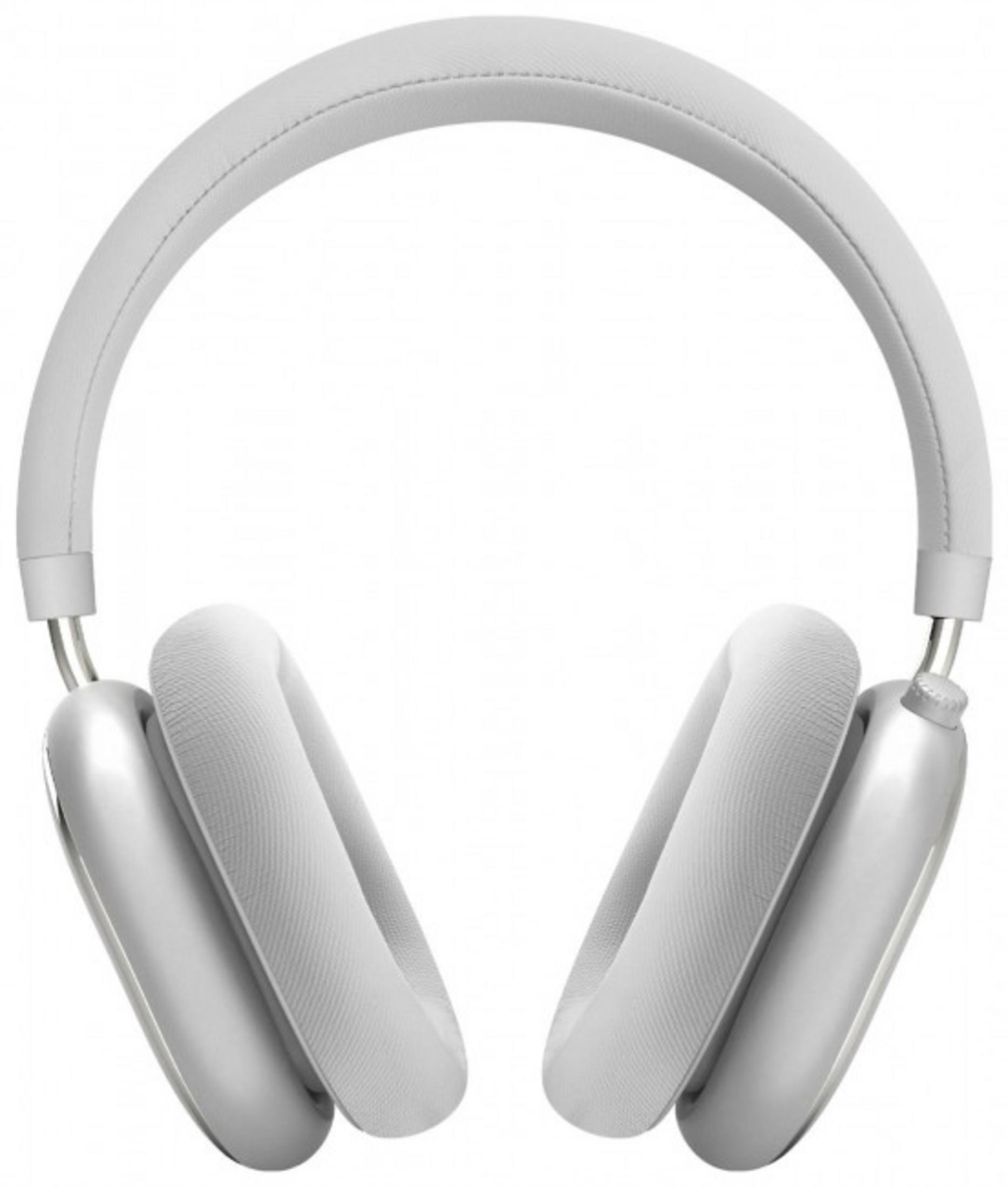 Weiße Over-Ear-Kopfhörer. Das Kopfband ist gewölbt und verbindet sich mit den Ohrmuscheln. Die Ohrmuscheln sind oval und gepolstert.