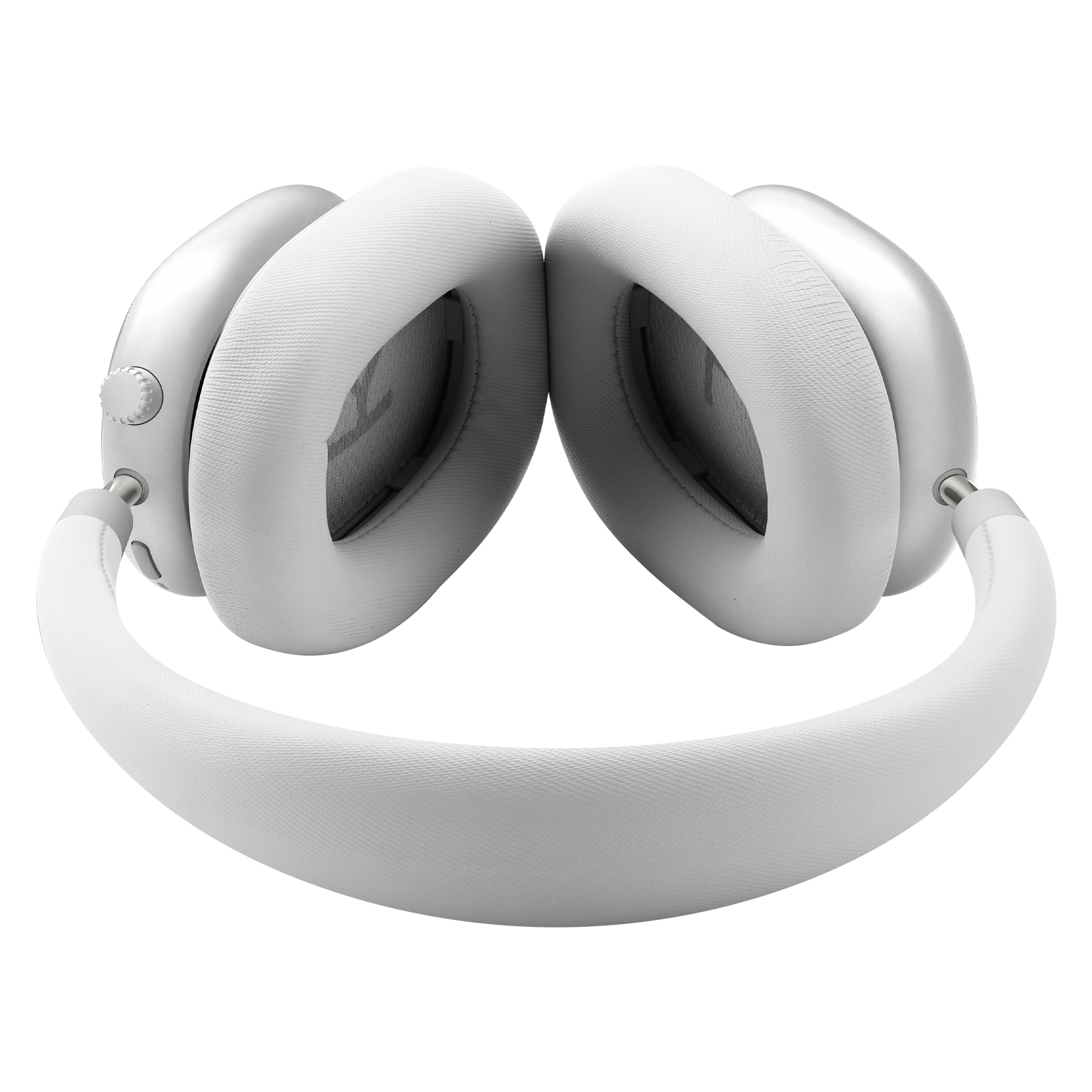 Weiße Over-Ear-Kopfhörer. Silberne Ohrmuscheln mit weißen Ohrpolstern. Weißes Kopfband, das die Muscheln verbindet.
