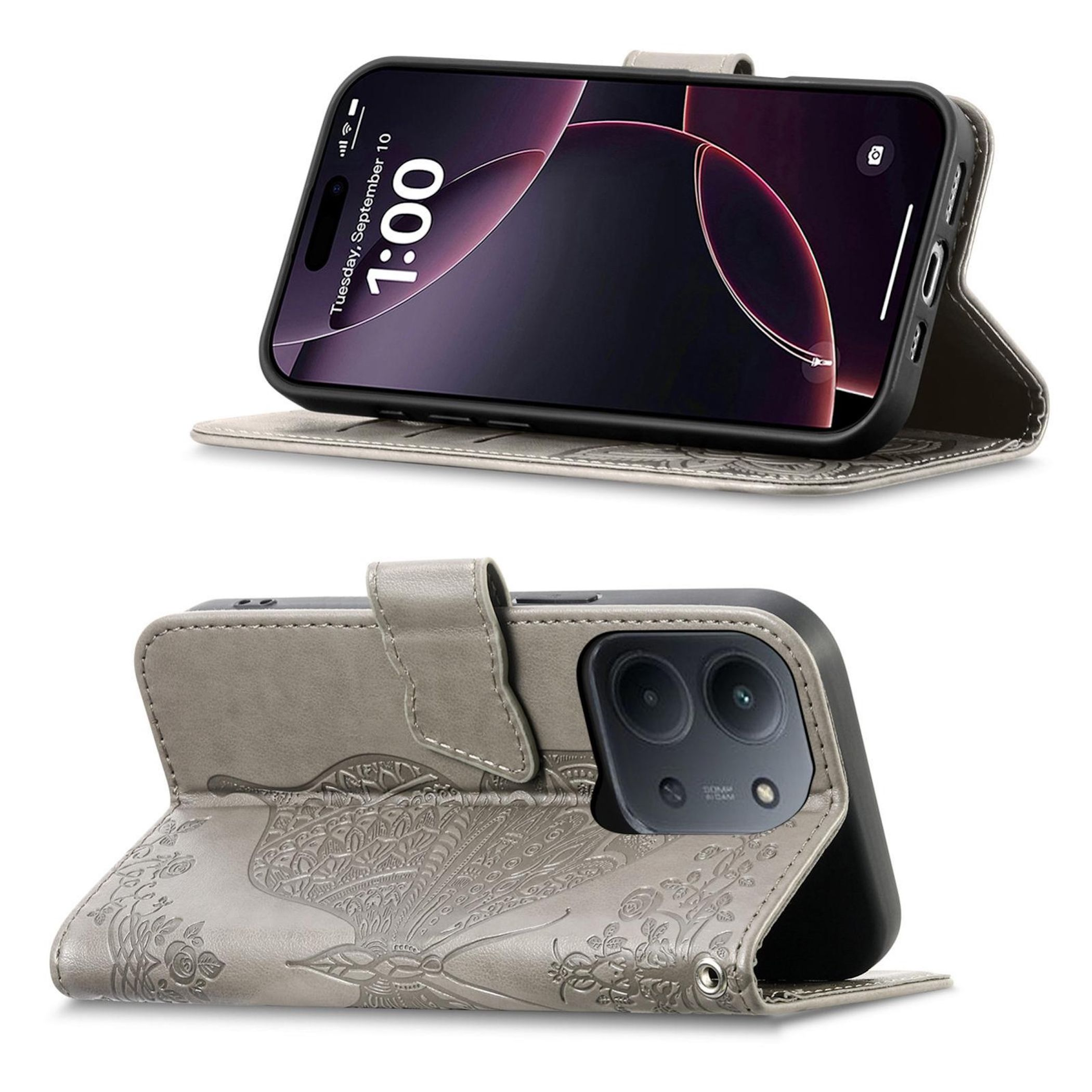 Un teléfono en una funda de billetera gris. La pantalla muestra la 1:00 del martes 10 de septiembre. La funda tiene un diseño en relieve.