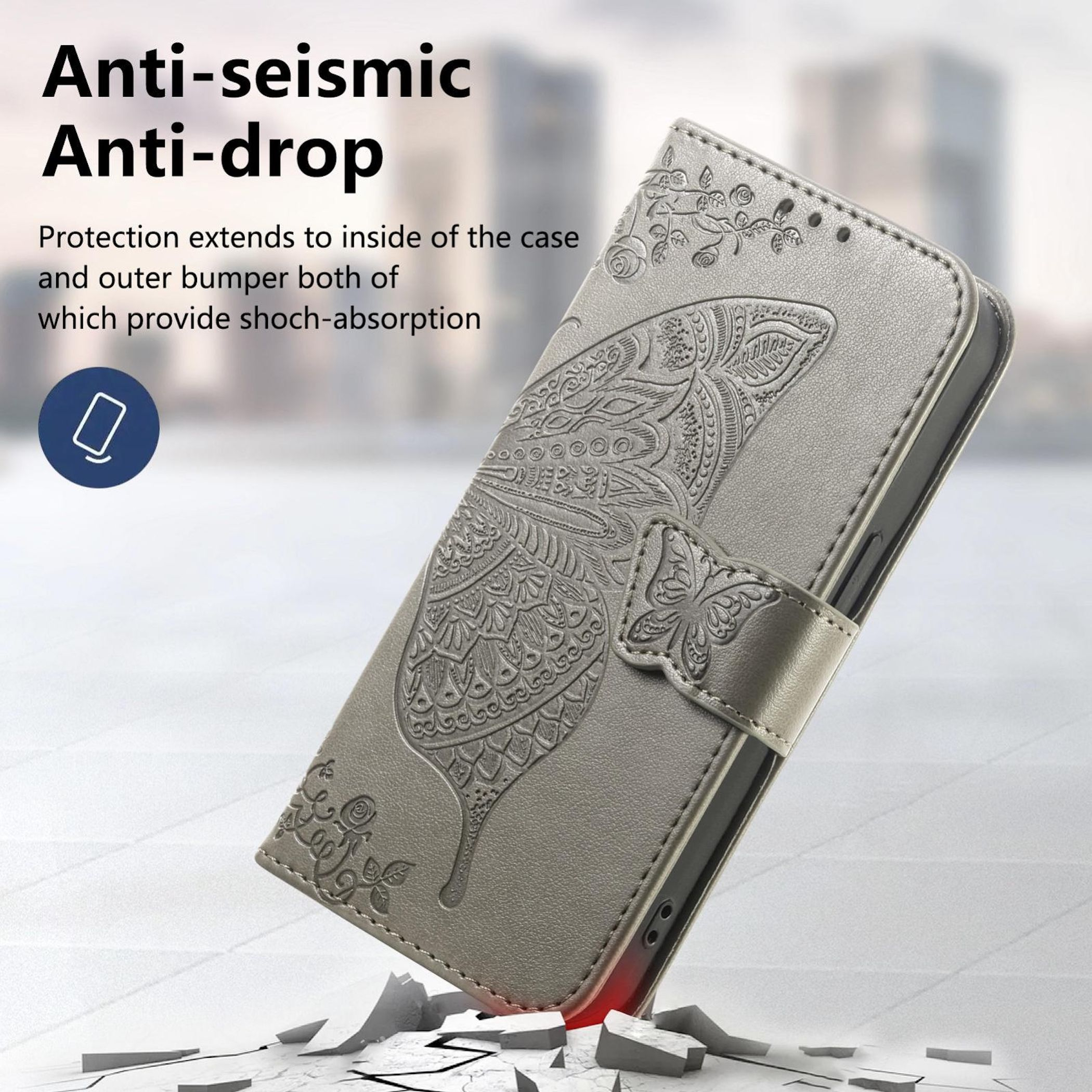 Una funda gris para teléfono con diseño de mariposa en relieve. La funda está en ángulo, con el texto: Antisísmico, Anticaída.