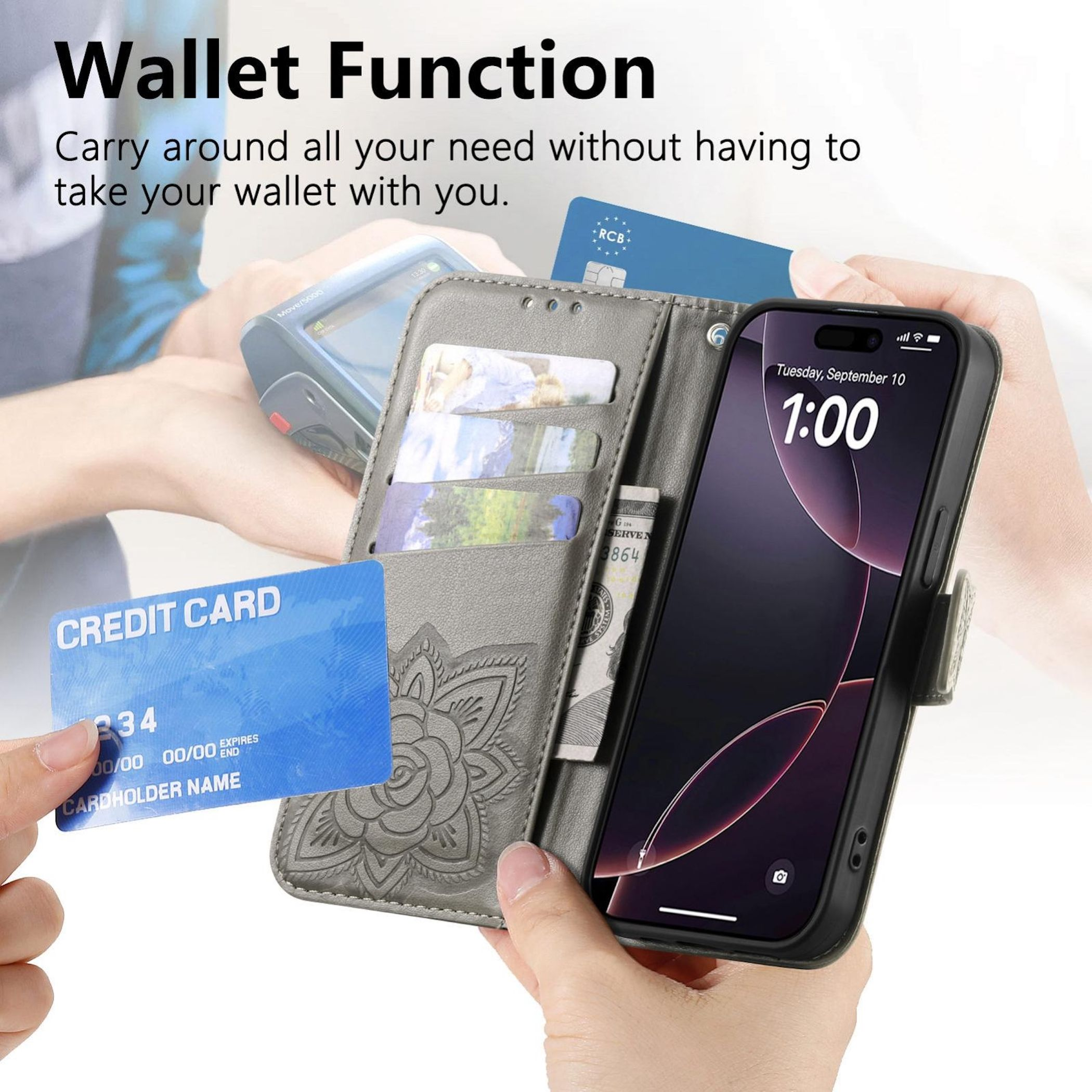 Un teléfono en una funda de billetera con tarjetas y dinero. Una tarjeta de crédito está al frente.