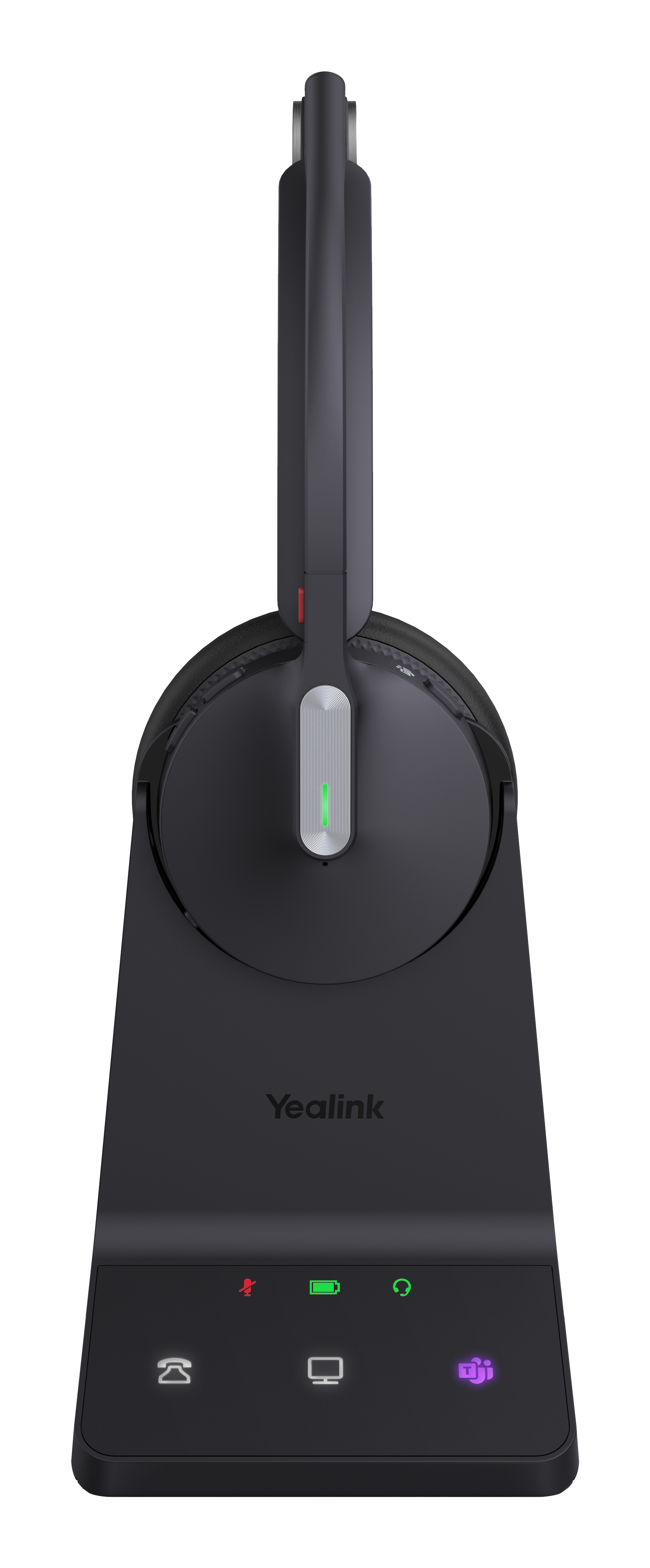 Czarny zestaw słuchawkowy Yealink na czarnej podstawie. Podstawa ma kilka podświetlanych ikon. Zestaw słuchawkowy jest pionowy.