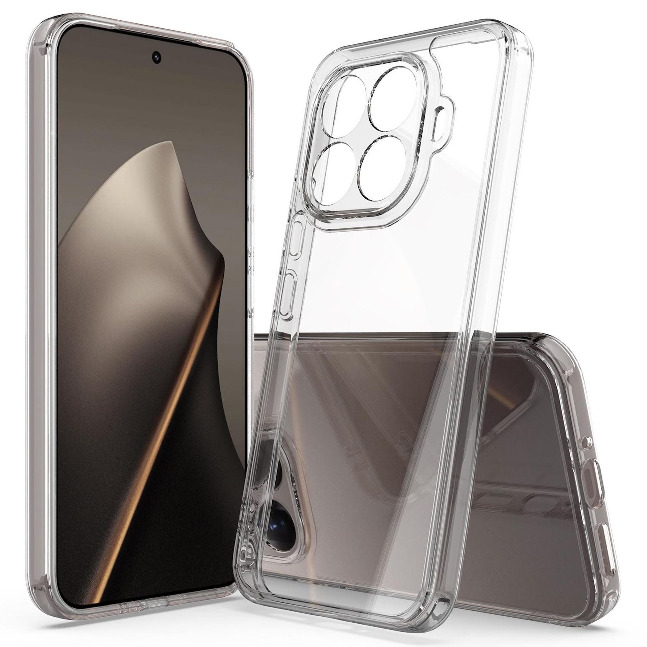 Transparente Handyhülle mit Handy. Das Handy hat einen dunklen Bildschirm. Eine weitere Hülle steht daneben.
