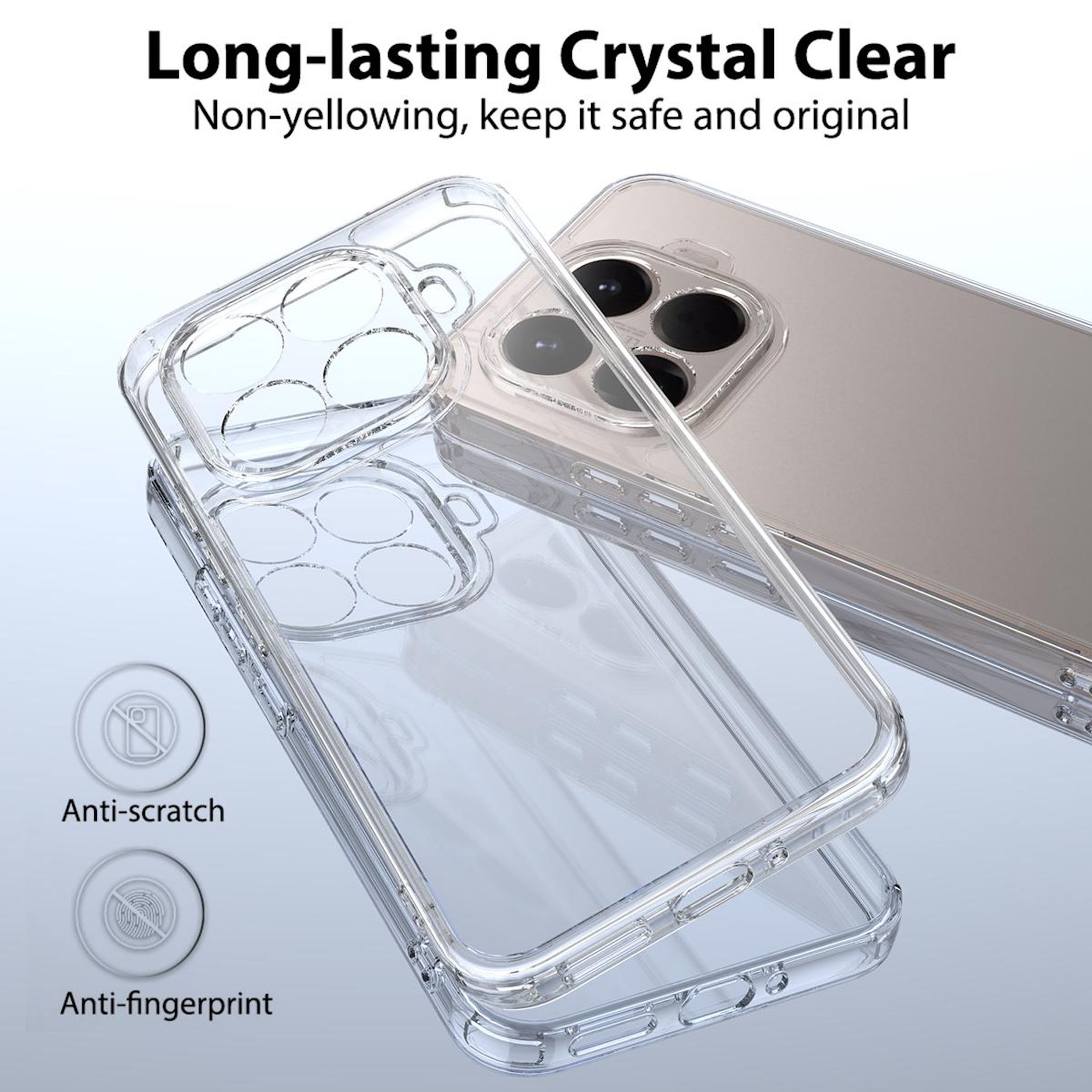 Transparente Handyhülle auf einem Telefon. Die Hülle ist durchsichtig und zeigt die Rückseite des Telefons. Text: 'Anti-Kratzer' und 'Anti-Fingerprint'.