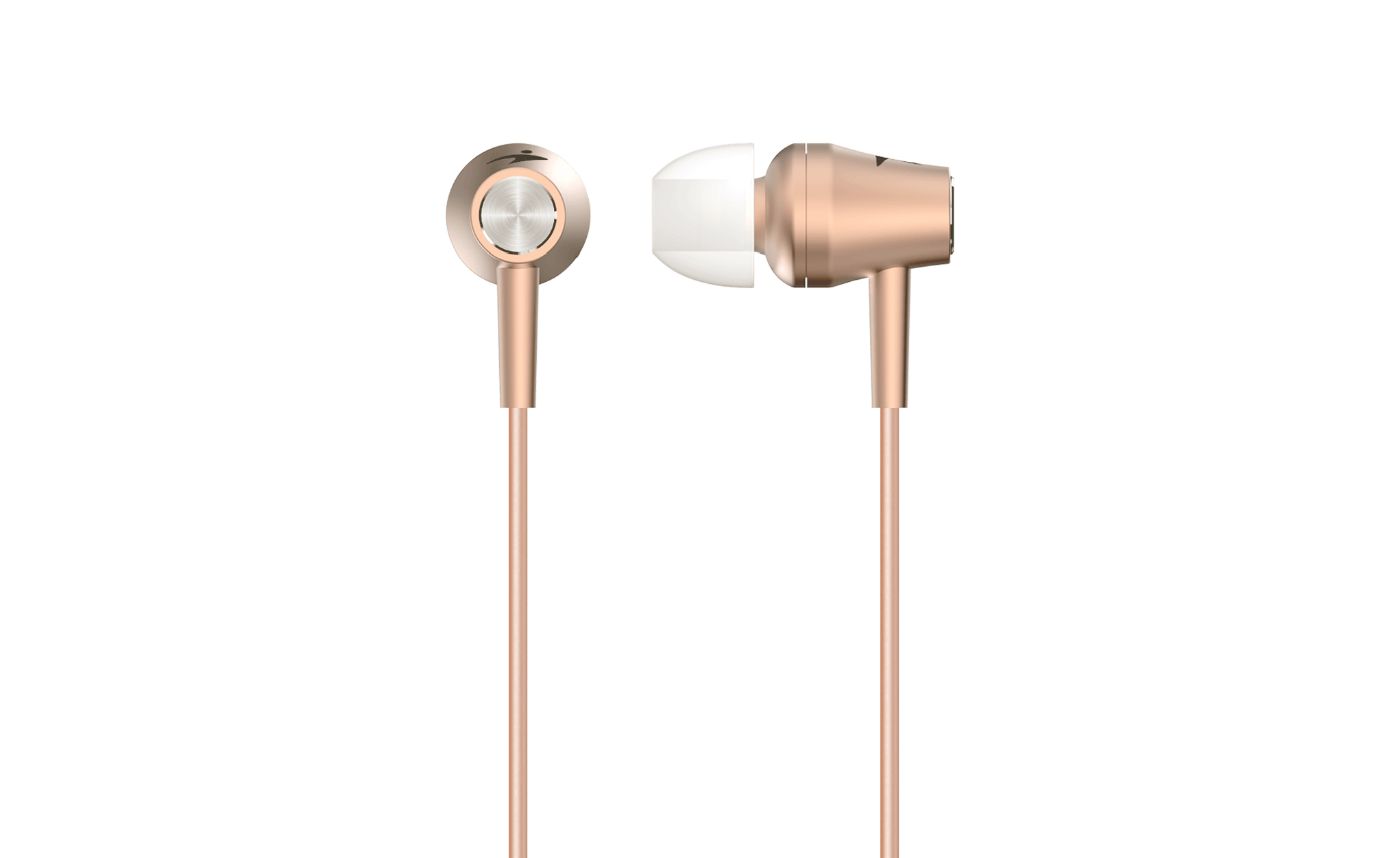 Due auricolari color oro rosa su sfondo bianco. Uno è dritto, l'altro angolato. Entrambi hanno auricolari bianchi e cavi sottili.