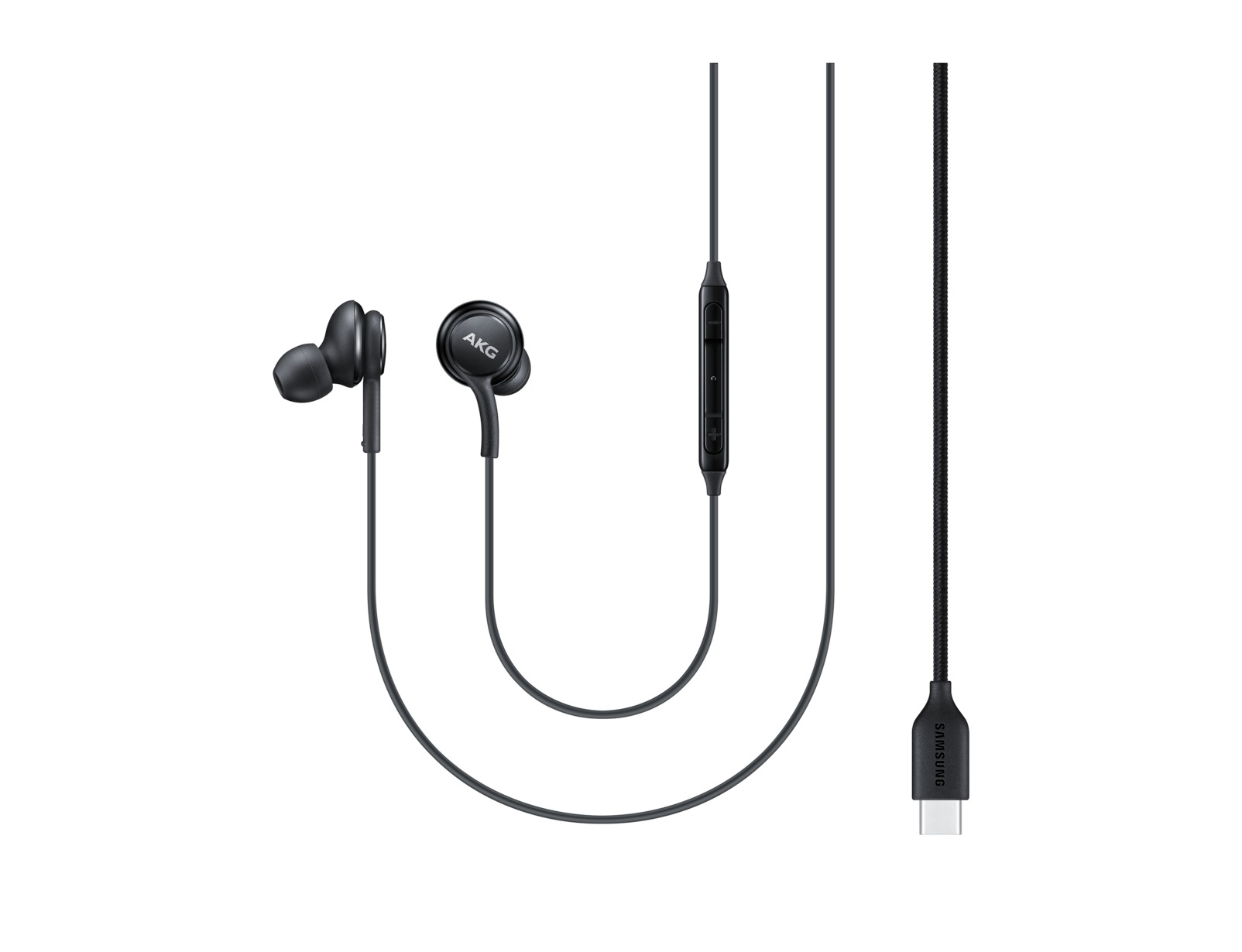 Zwarte AKG oortelefoons op een witte achtergrond. De kabel heeft een bedieningspaneel en een USB-C connector. Het merk is Samsung.
