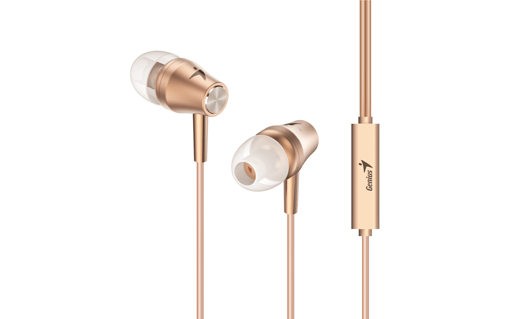 Auricolari color oro rosa con punte bianche. Il cavo ha un controllo con il logo Genius. Isolato su sfondo bianco.