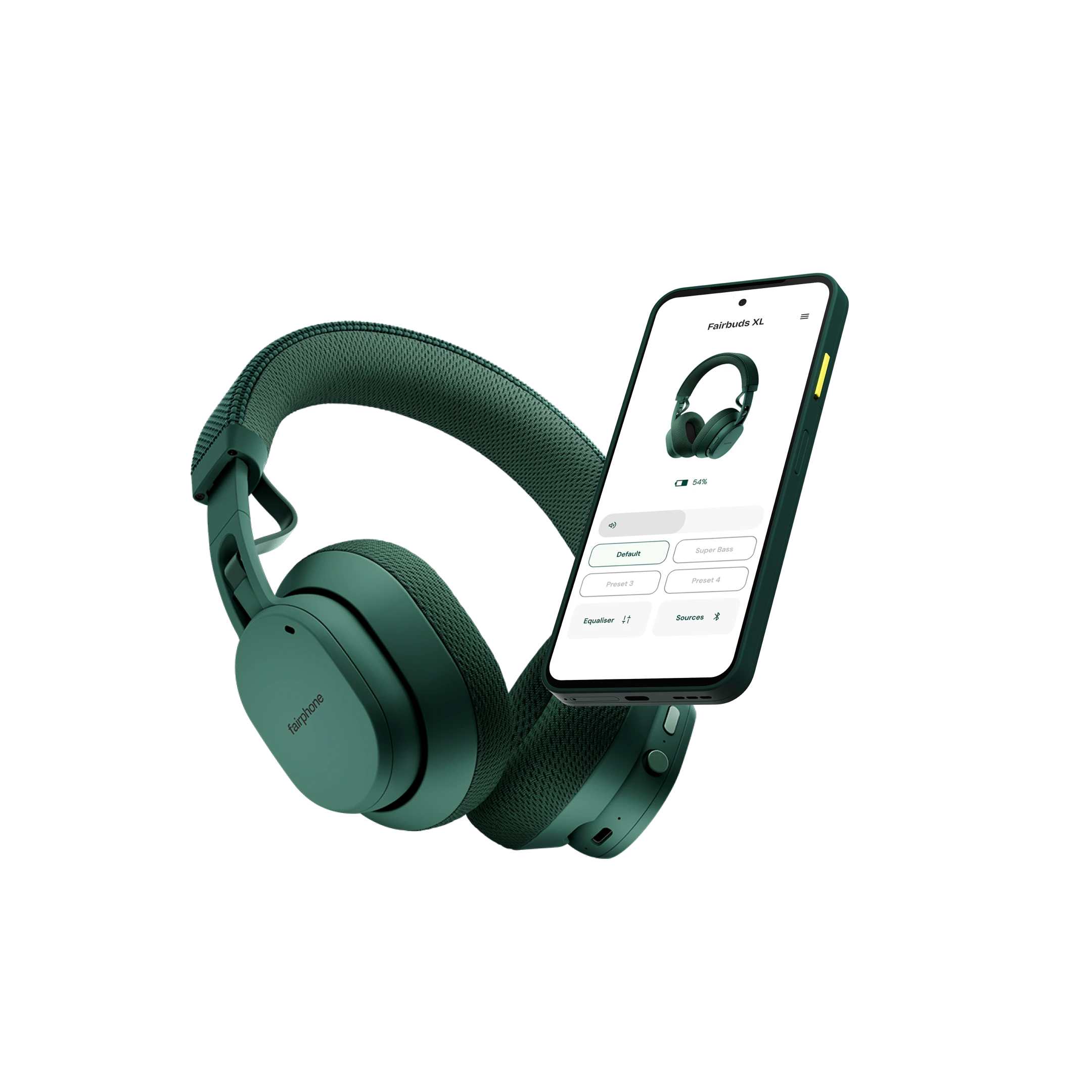 Grüne Fairbuds XL Kopfhörer und Telefonanzeige. Telefon zeigt Kopfhörer-App mit Einstellungen.