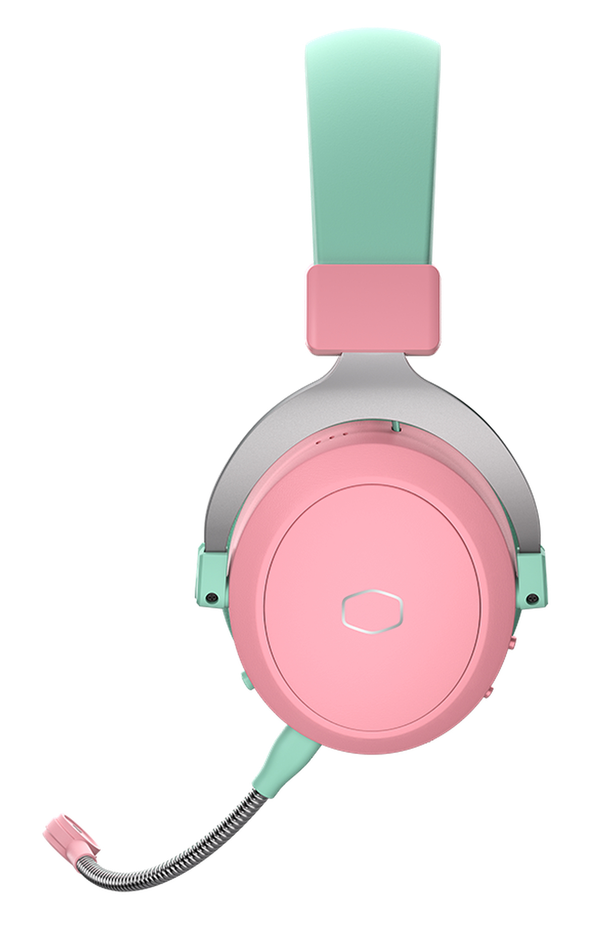 A pastel pink and teal headset. The headset features a flexible microphone and a silver-colored frame. The background is white.