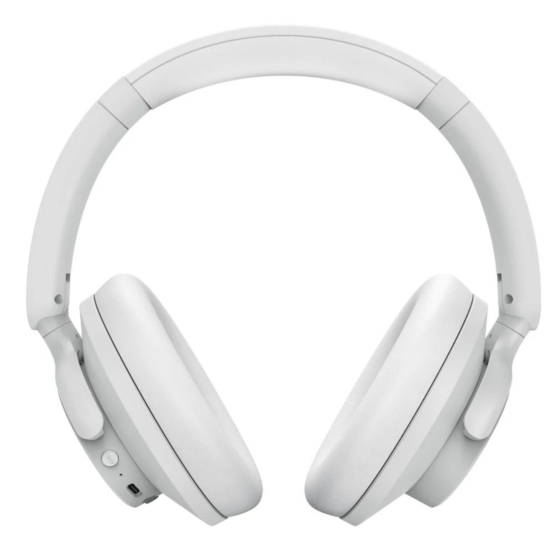 Weiße Over-Ear-Kopfhörer, ein modernes Design mit gepolsterten Ohrmuscheln und verstellbarem Kopfbügel, isoliert auf Weiß.