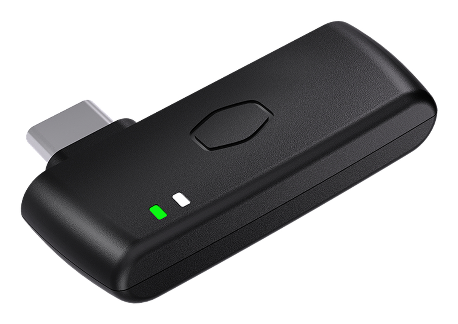 Black USB-C adapter with a hexagonal button and two indicator lights: green and white. Silver USB-C connector on the left.